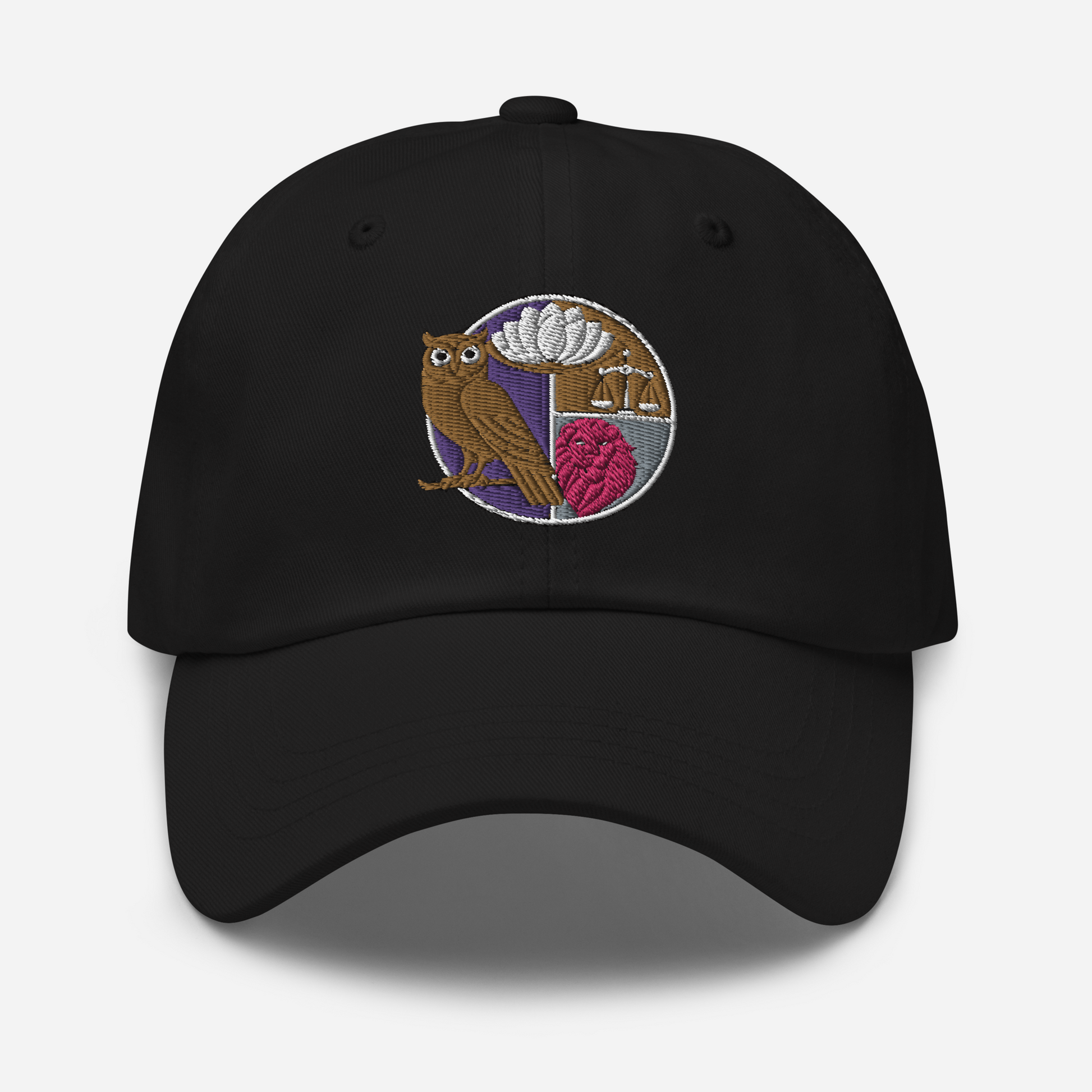 Embroidered dad hat featuring the four Stoic virtues design with owl, lotus flower, heart, and scales on a black background