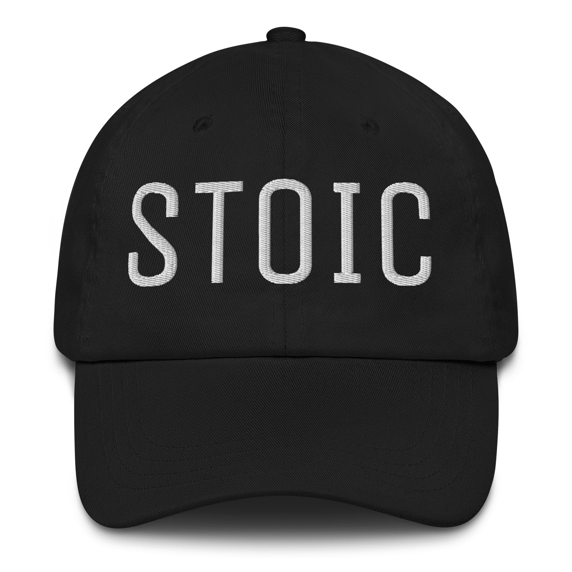 Black dad hat with "STOIC" embroidered in white text on the front, Stoic embroidered dad hat.