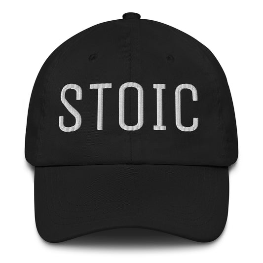 Black dad hat with "STOIC" embroidered in white text on the front, Stoic embroidered dad hat.