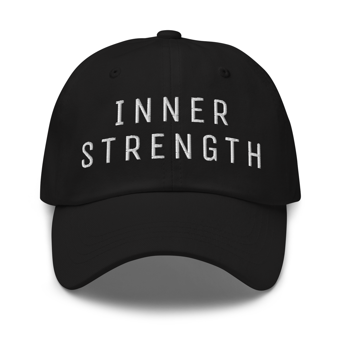 Black baseball cap with "Inner Strength" embroidery in white text