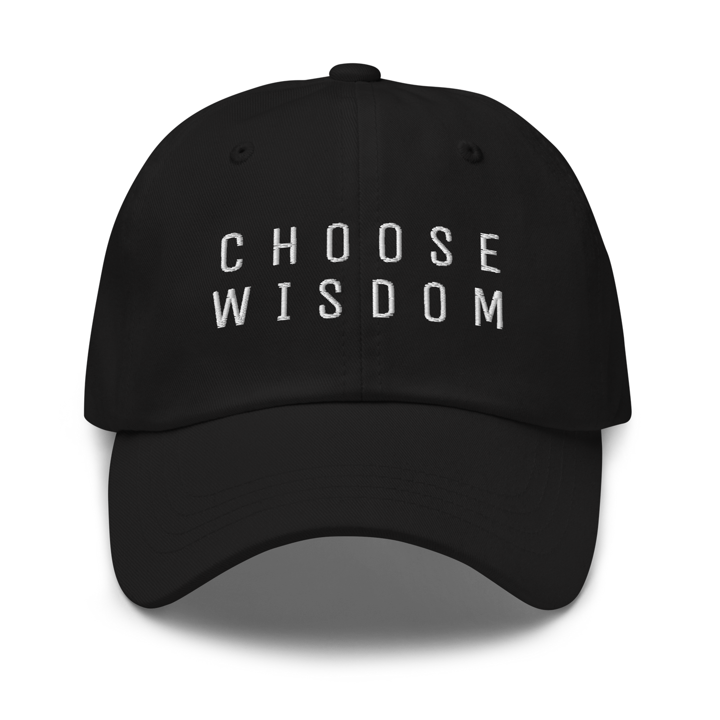 Black baseball cap with "CHOOSE WISDOM" embroidered in white text on the front.