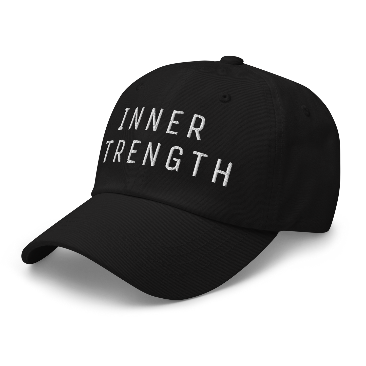 Black baseball cap with white embroidered "Inner Strength" text on front.