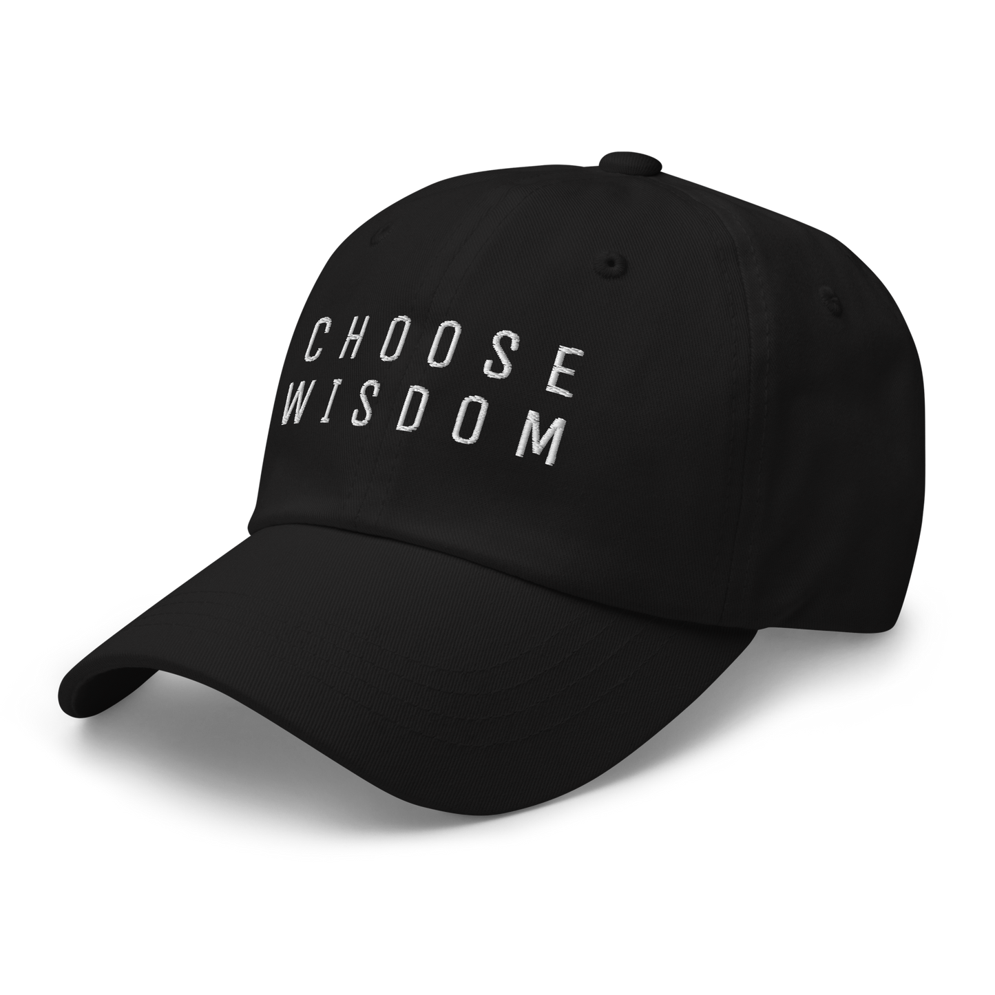 Black baseball cap with "Choose Wisdom" embroidered in white letters on the front