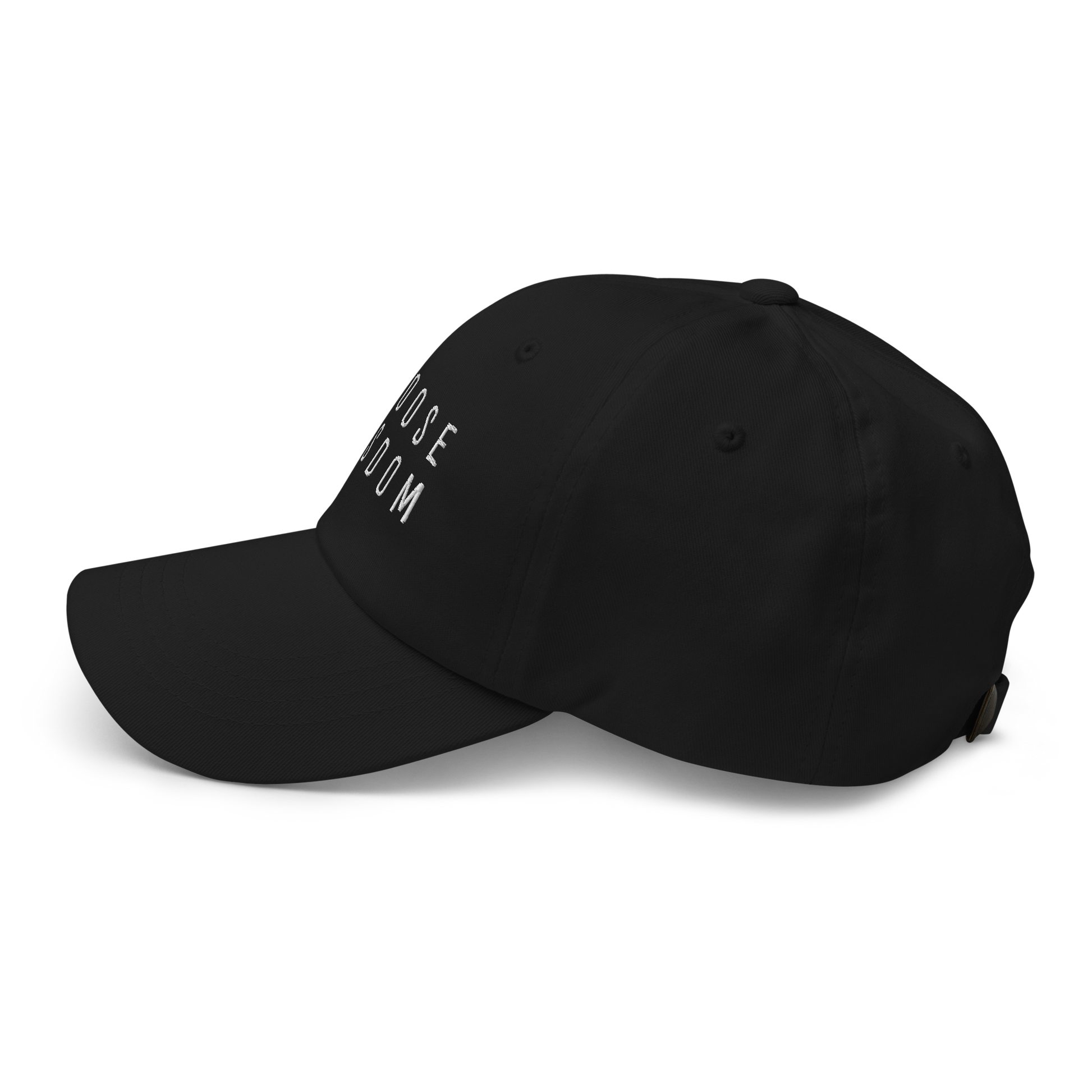 Black adjustable baseball cap with embroidered text on the side