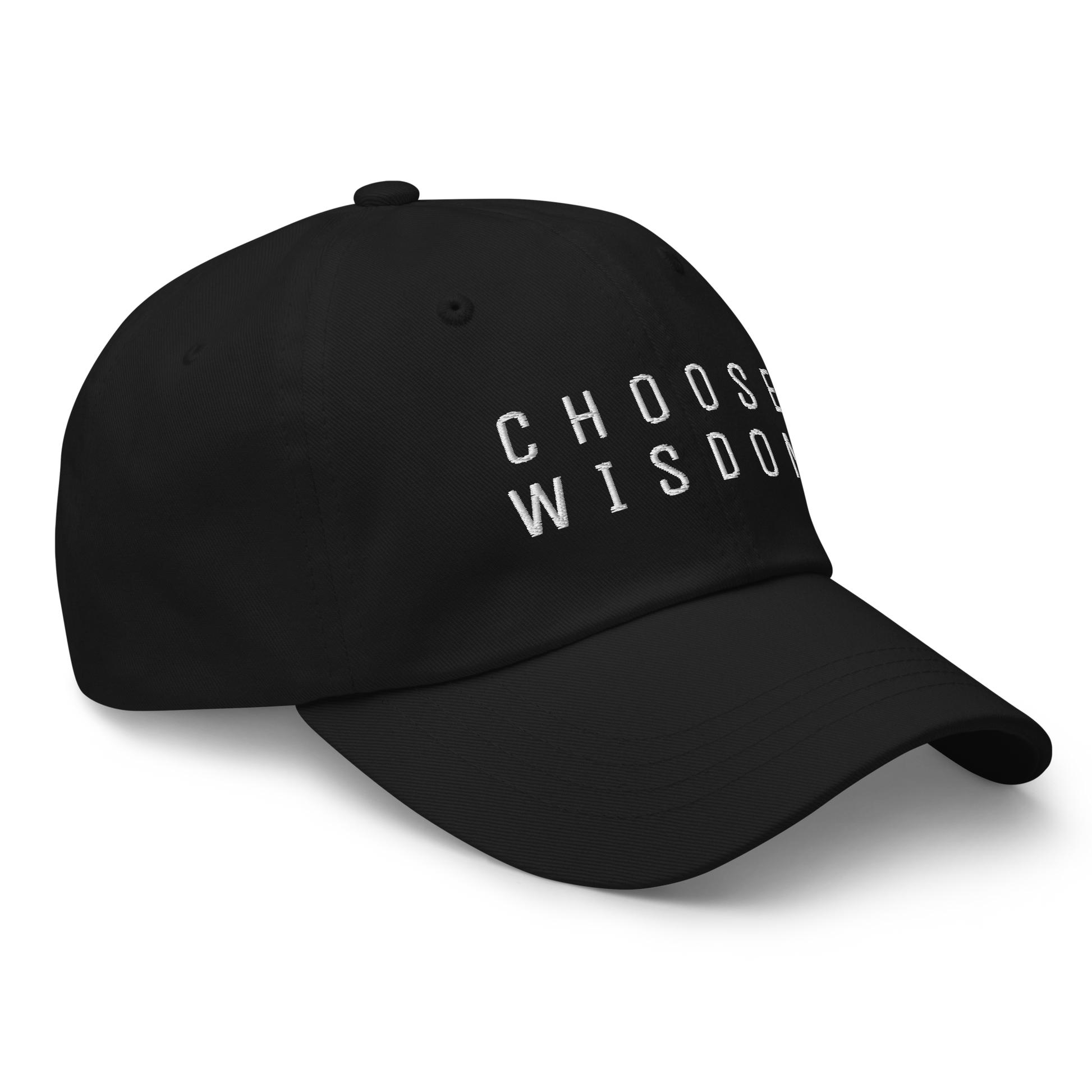 Black baseball cap with "Choose Wisdom" embroidered in white lettering