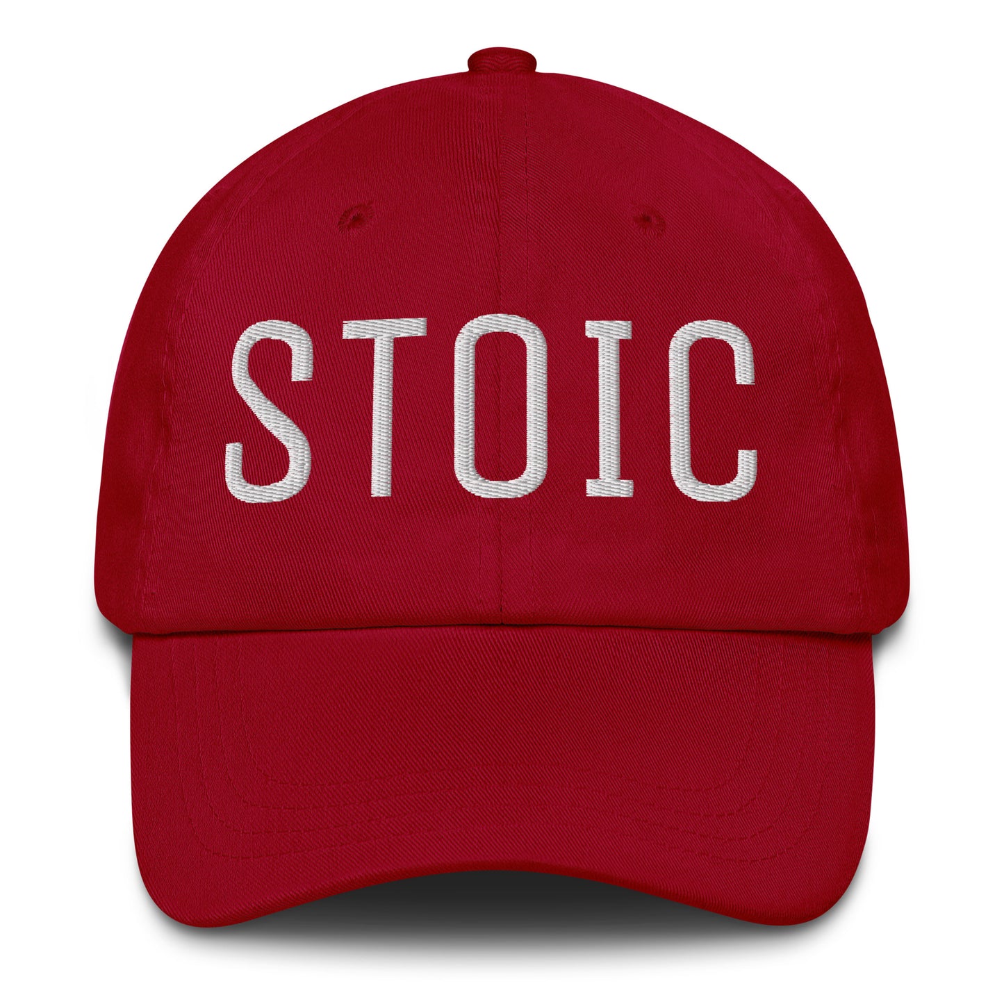 Red embroidered "STOIC" dad hat promoting stoicism philosophy.