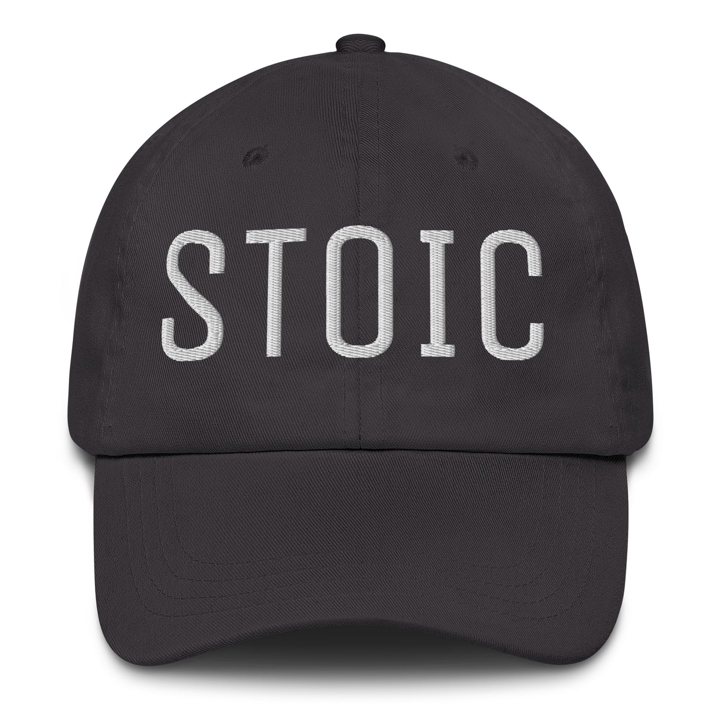 Black dad hat with 'Stoic' embroidered in white.