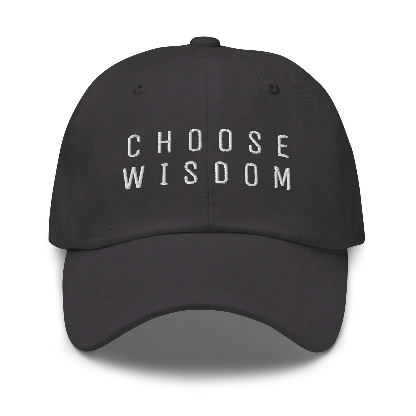 Black baseball cap with "Choose Wisdom" embroidered in white letters.