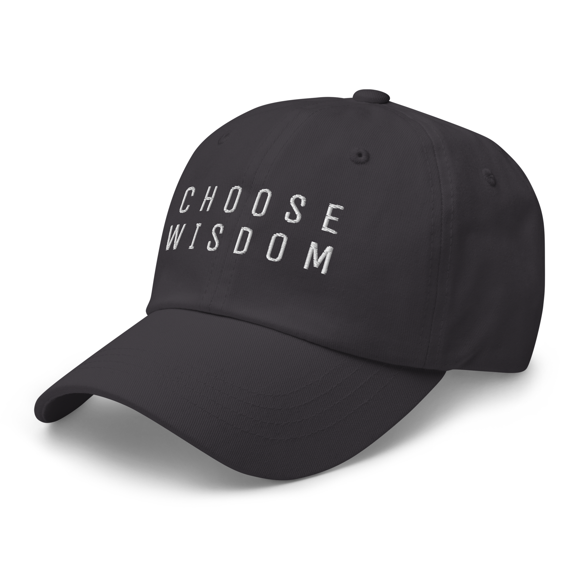 Black baseball cap with "Choose Wisdom" embroidered in white text