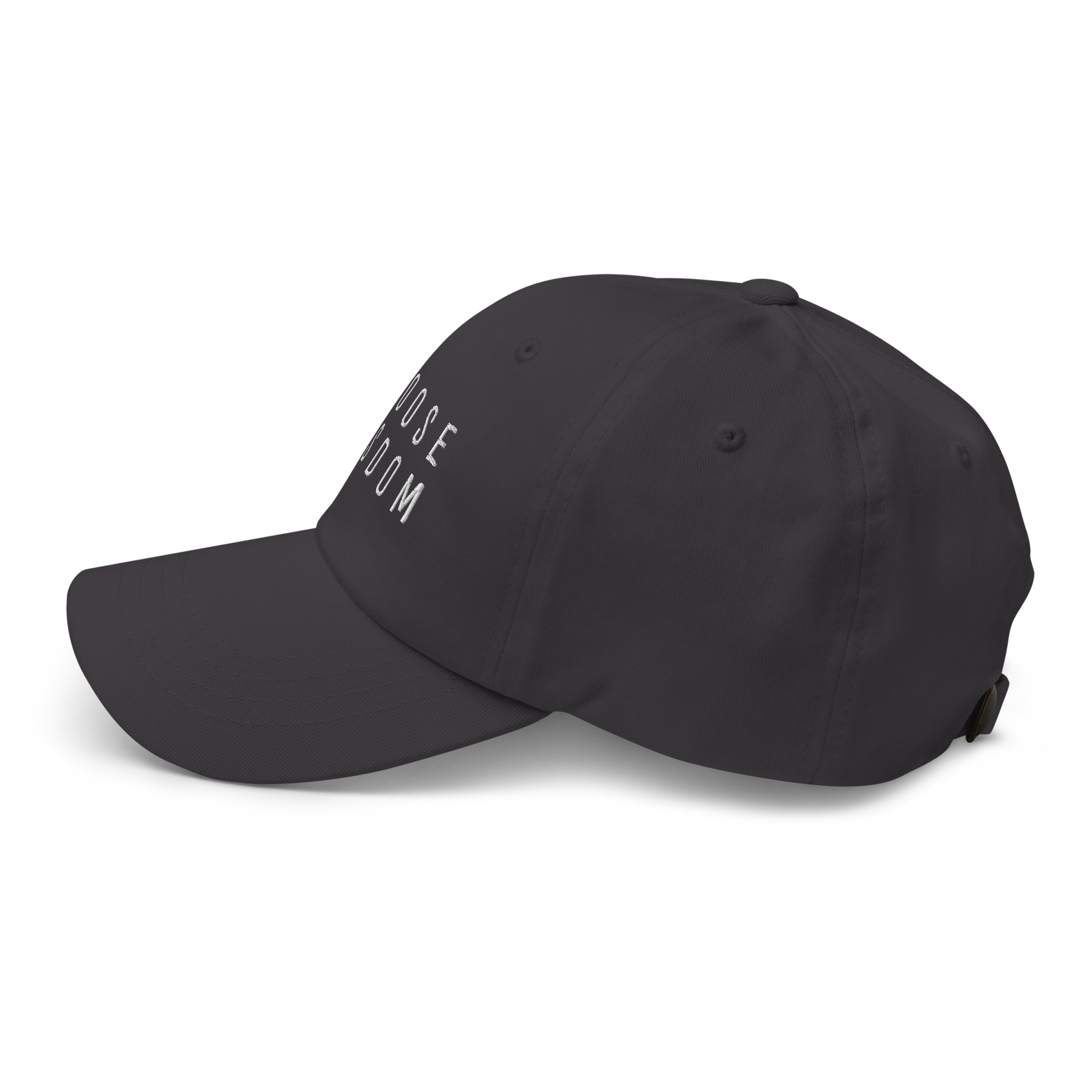 Black adjustable baseball cap with white text embroidery on the side panel