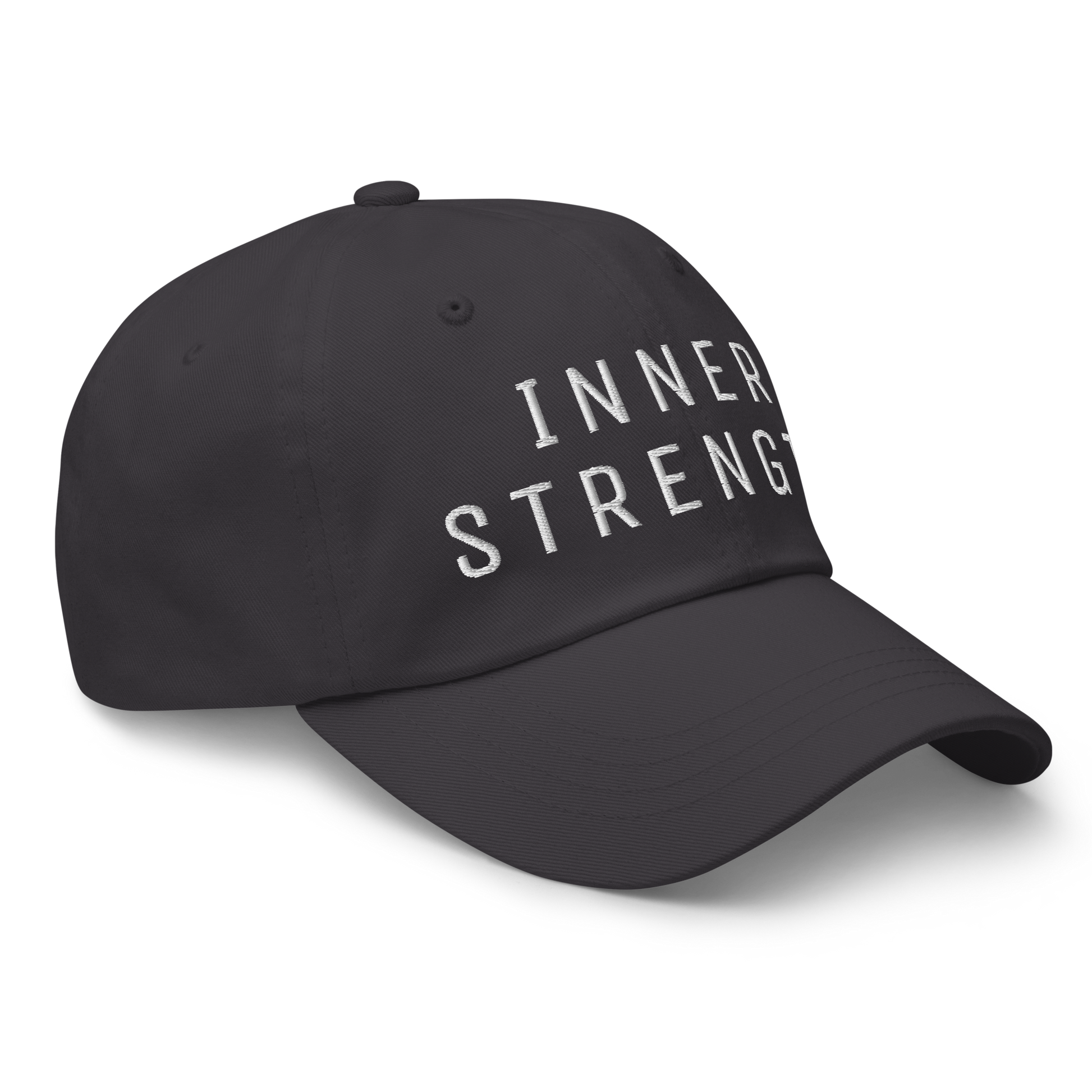 Black "Inner Strength" embroidered dad hat, Stoicism-inspired cap.