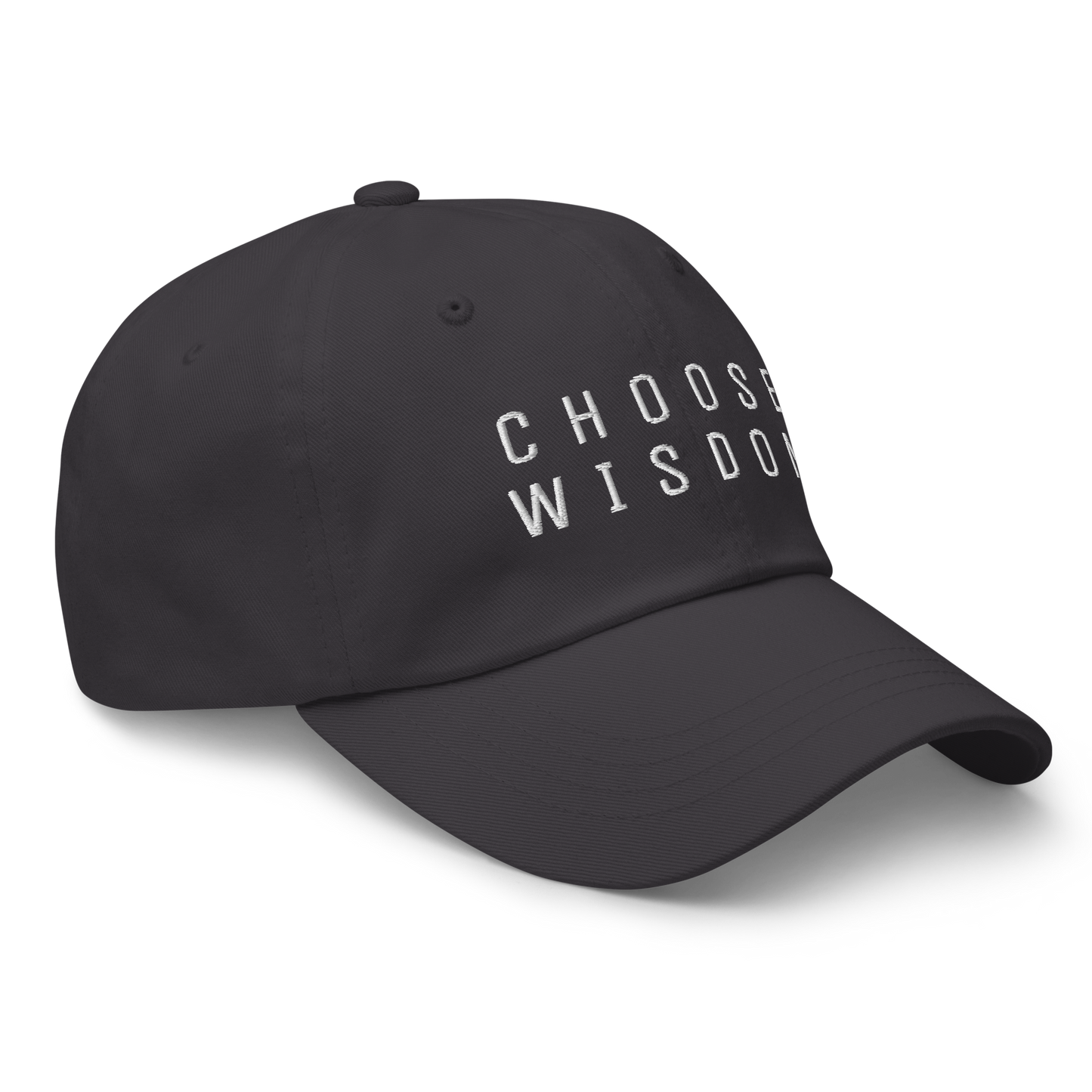 Black baseball cap with "Choose Wisdom" embroidered in white text on the front.