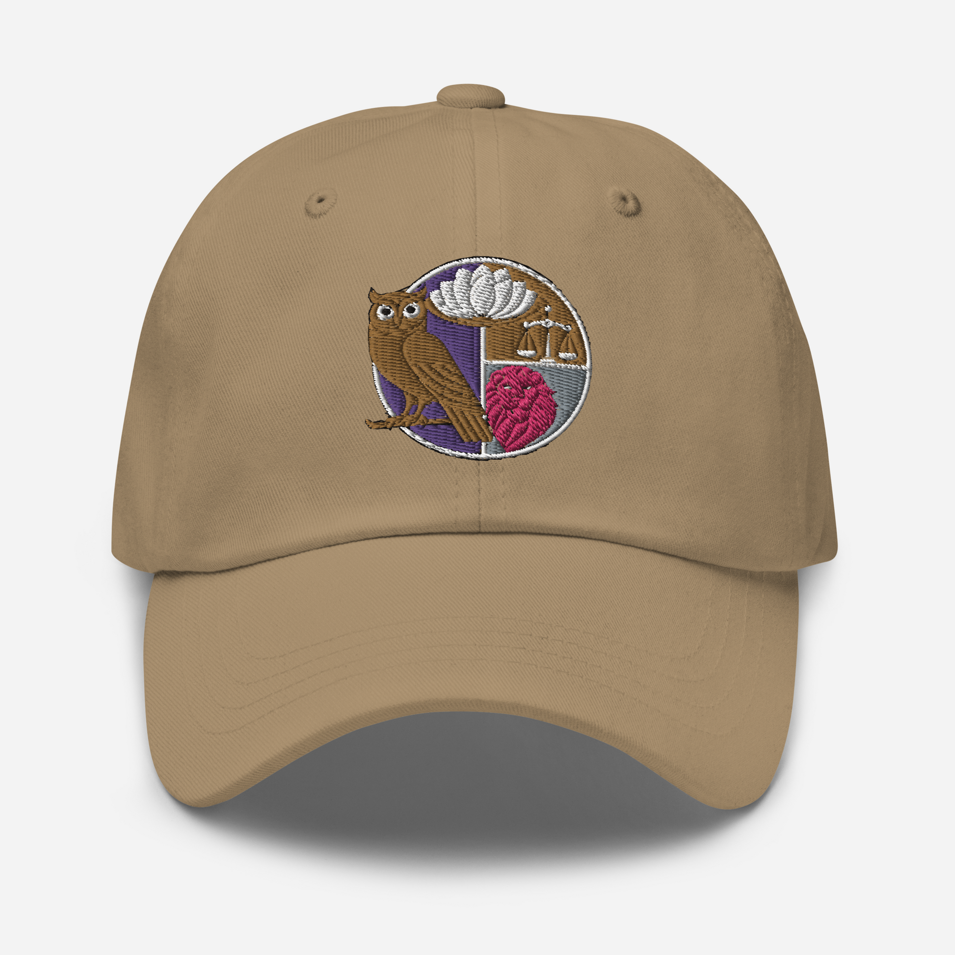 Embroidered dad hat featuring the four Stoic virtues design with an owl, lotus flower, scales, and heart, perfect for philosophy enthusiasts and casual wear.