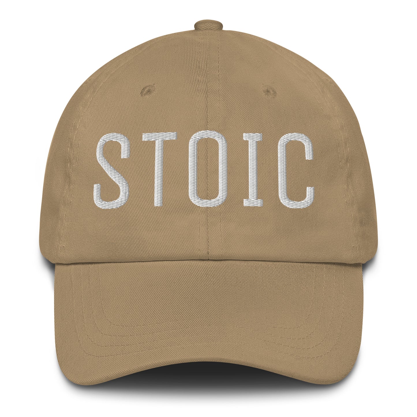 Beige dad hat with embroidered "STOIC" text, Stoicism apparel, stoic philosophy hat for men and women