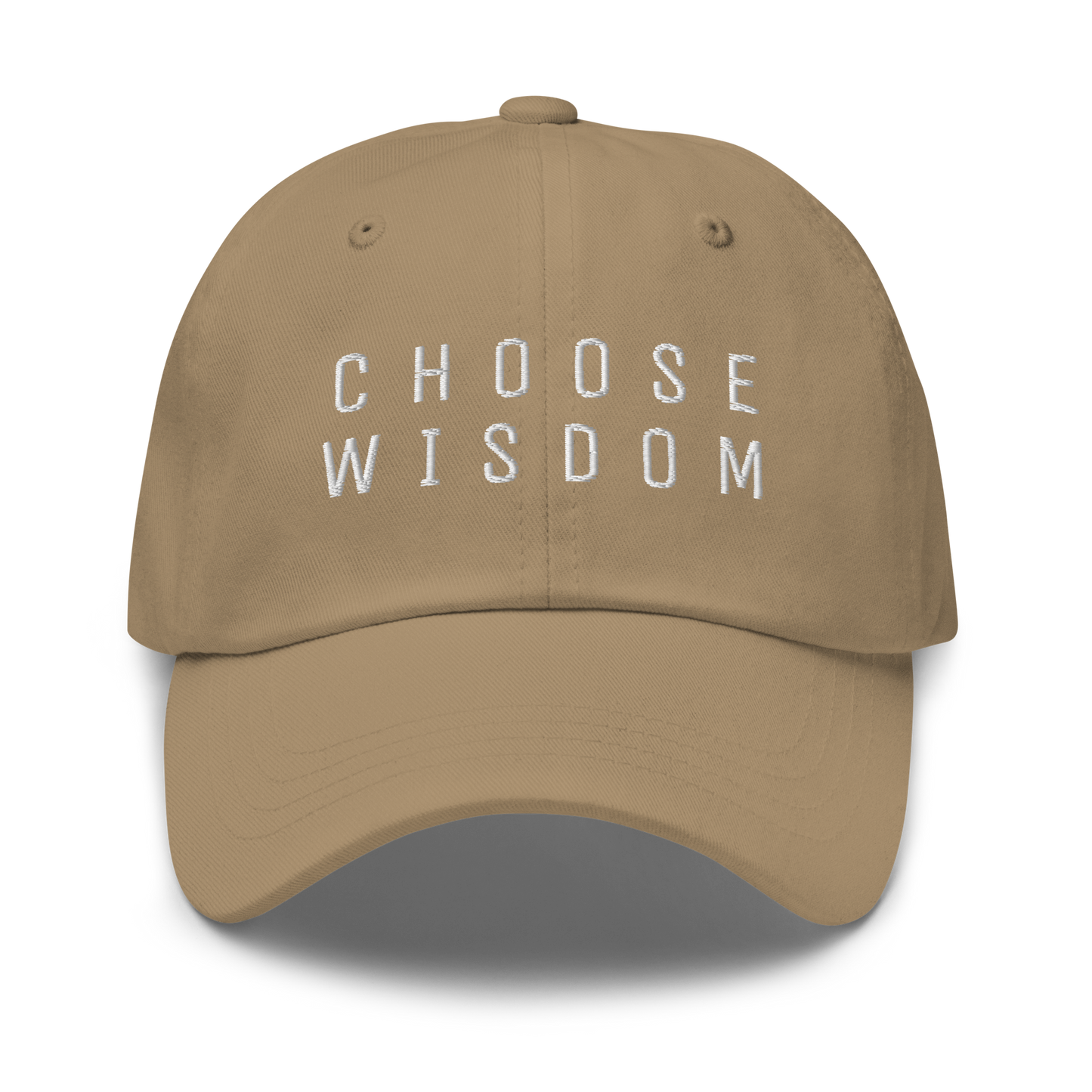 Tan baseball cap with Choose Wisdom embroidered in white letters on the front.