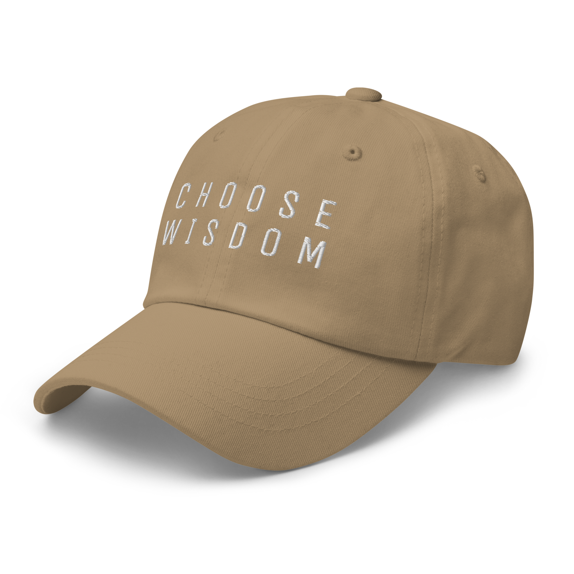 Beige baseball cap with "Choose Wisdom" embroidery in white letters