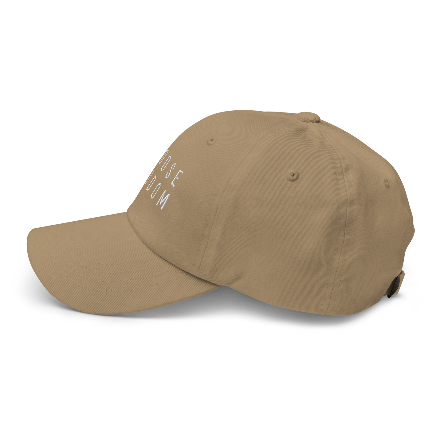 Tan baseball cap with strapback closure and white "Loose Room" text on the front