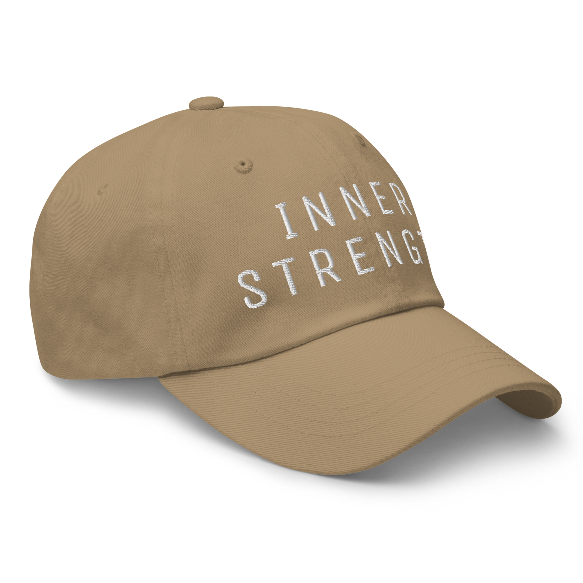 Tan Inner Strength Dad Hat with White Embroidered Letters promoting Stoicism