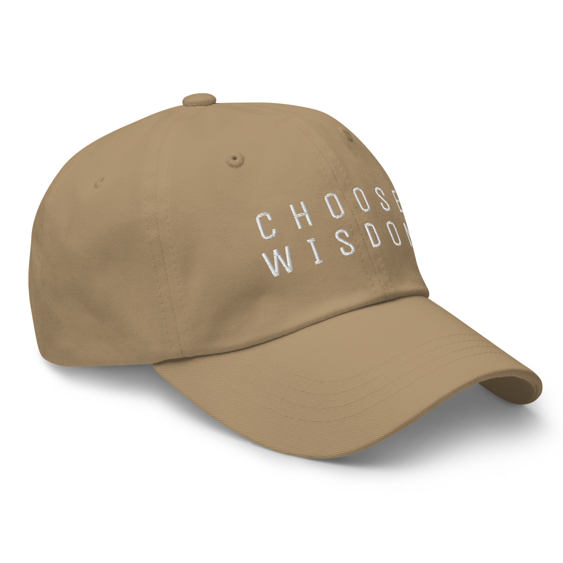 Beige baseball cap with "Choose Wisdom" embroidery in white letters