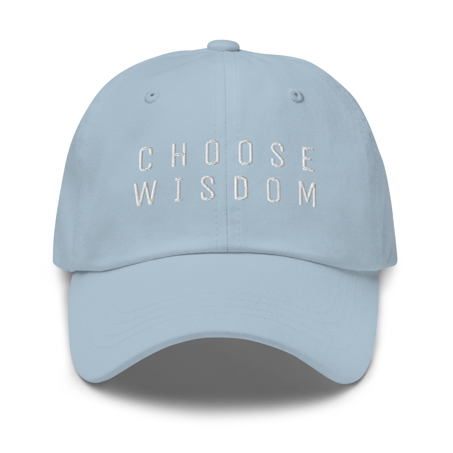 Light blue baseball cap with "Choose Wisdom" embroidered in white letters