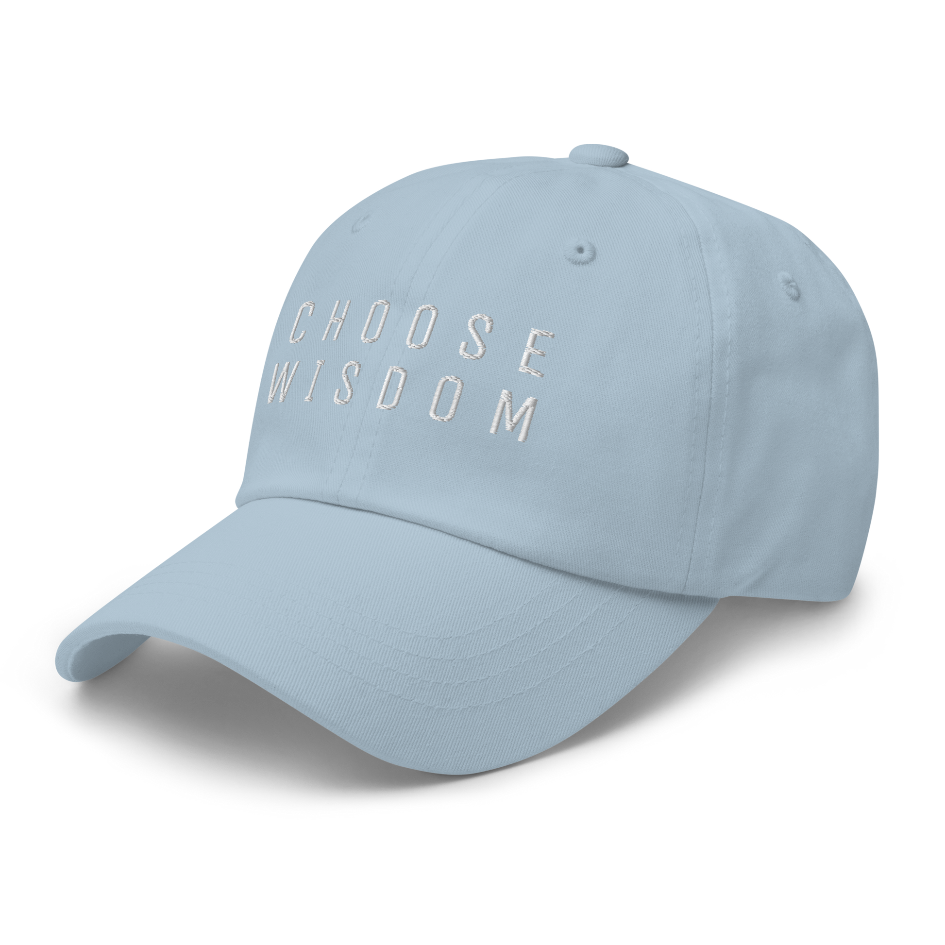 Light blue baseball cap with embroidered "Choose Wisdom" text.