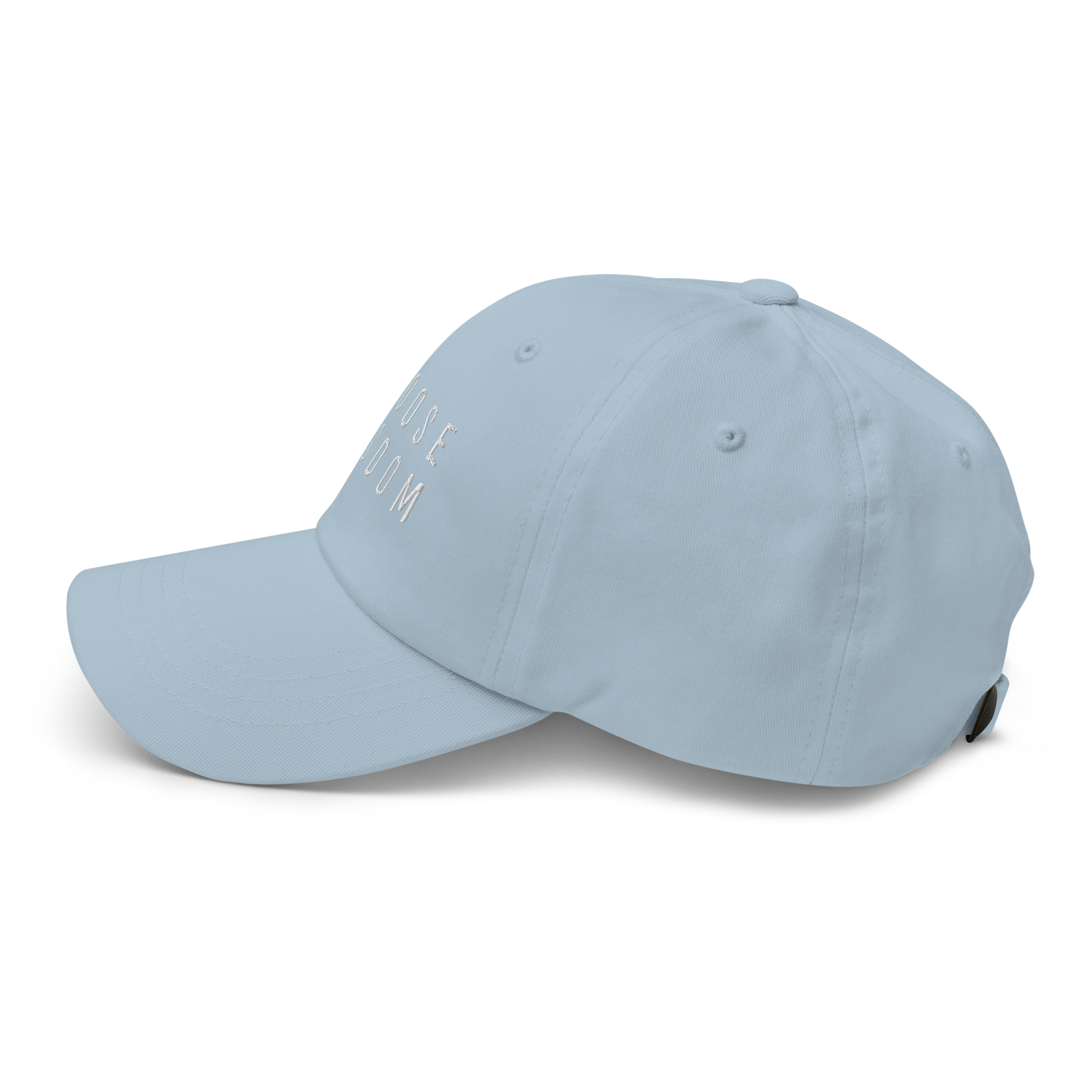 Light blue baseball cap with embroidered text:  "CHOOSE WISDOM"