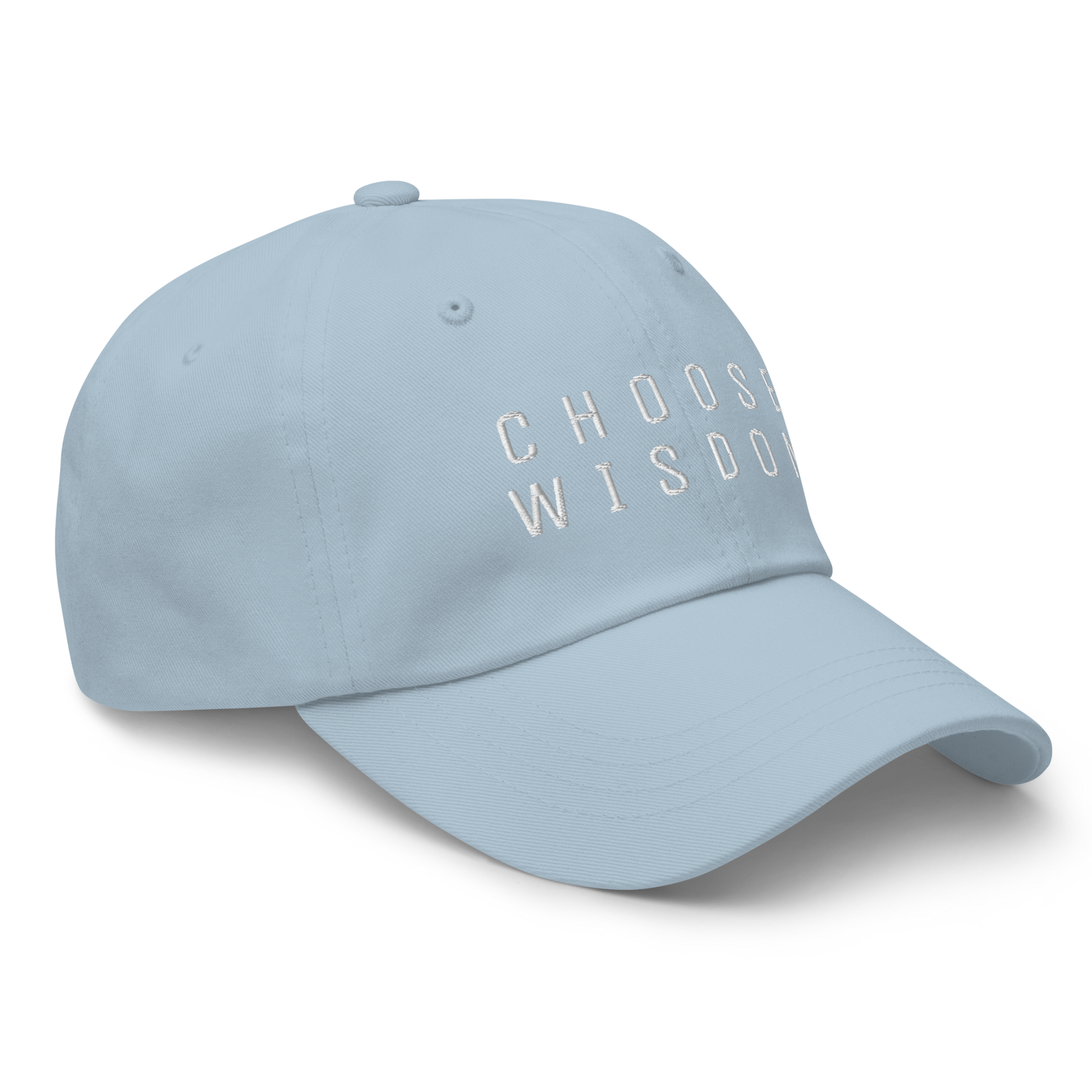 Light blue baseball cap with "Choose Wisdom" embroidered in white letters on the front.