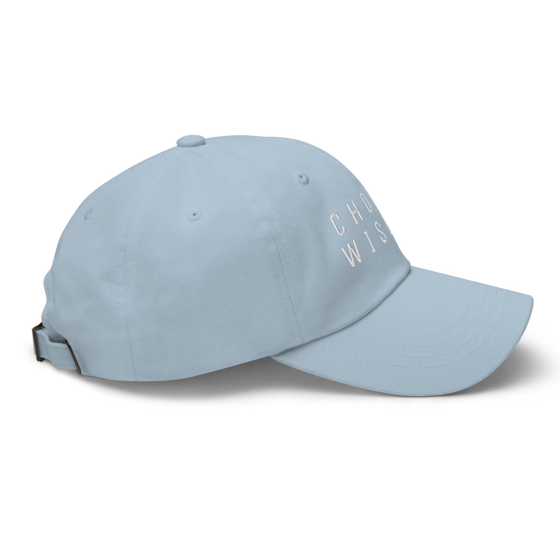 Light blue embroidered baseball cap with adjustable strap and "CHOOSE WISDOM" text on the front