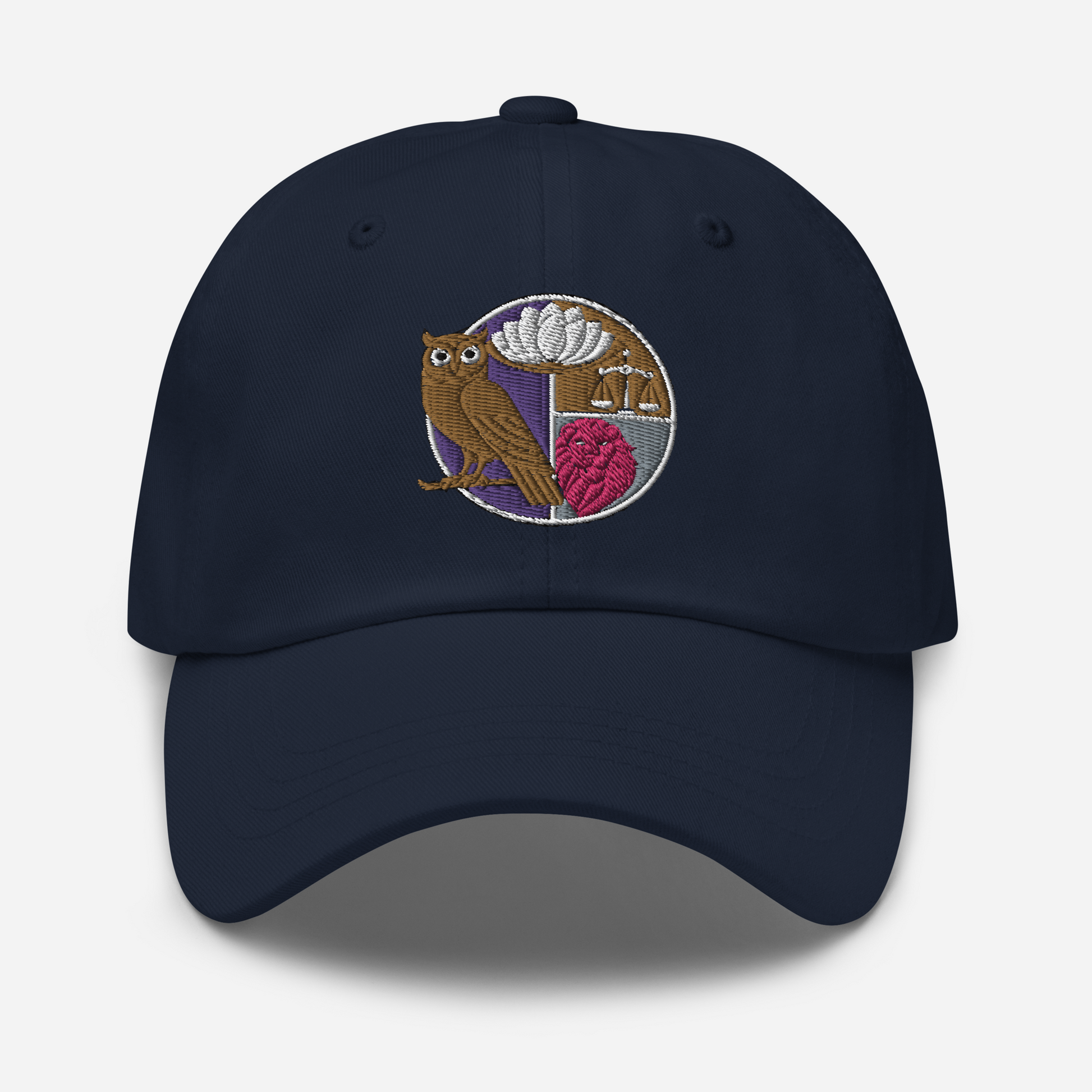 Embroidered dad hat featuring the four Stoic virtues symbol, including an owl, a lotus flower, and a lion heart design, on a navy blue background, ideal for enthusiasts of Stoicism.