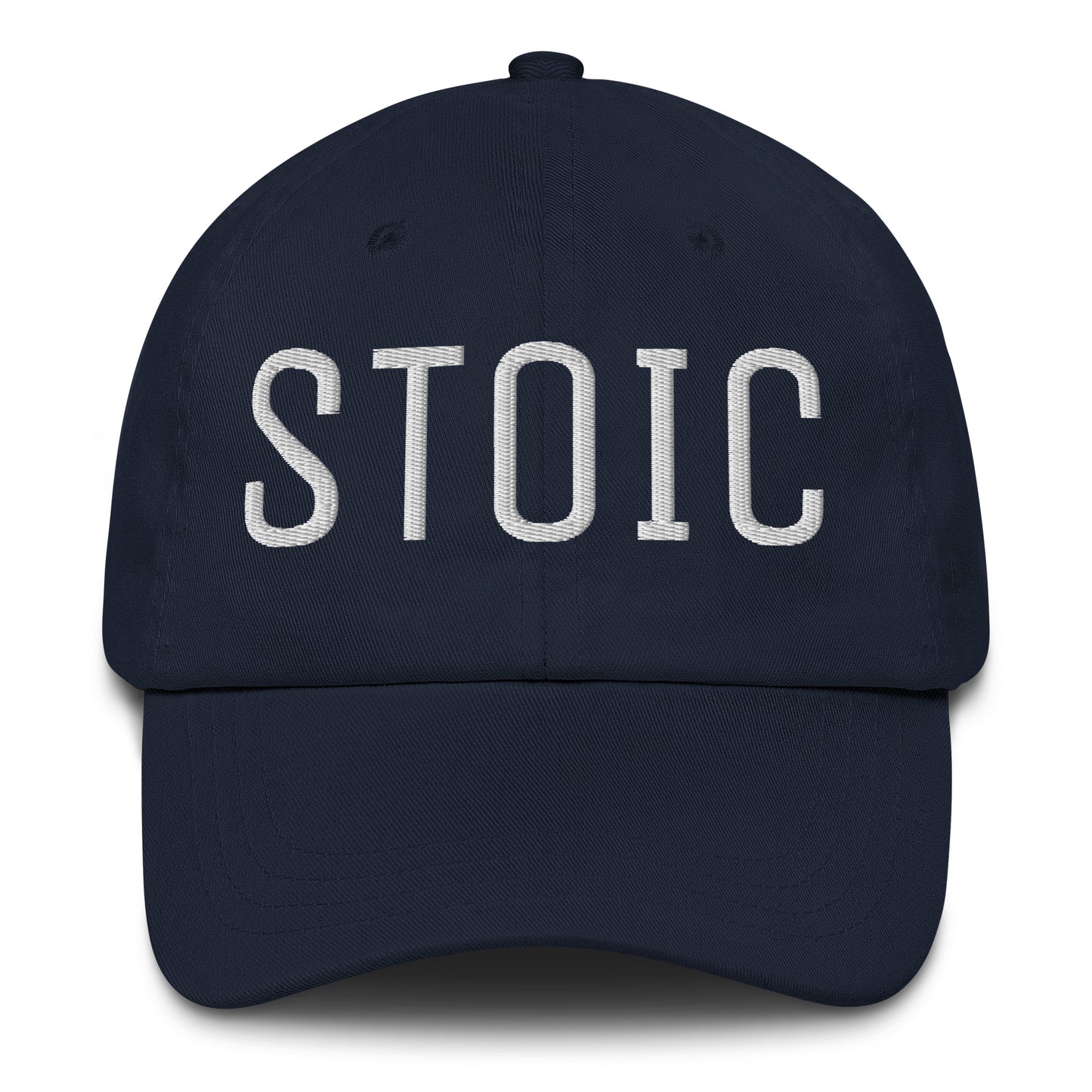 Navy blue embroidered dad hat with the word STOIC in white text on the front