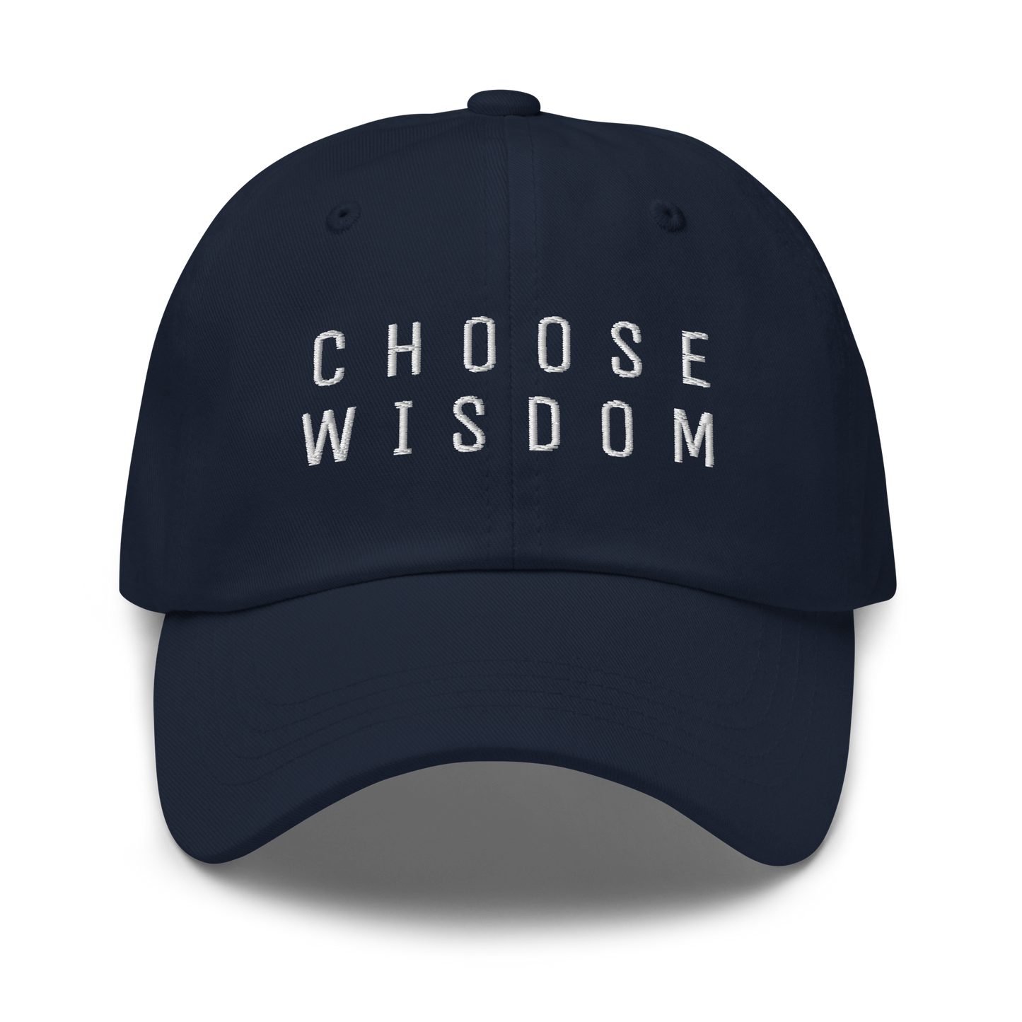 Black baseball cap with "Choose Wisdom" embroidered in white