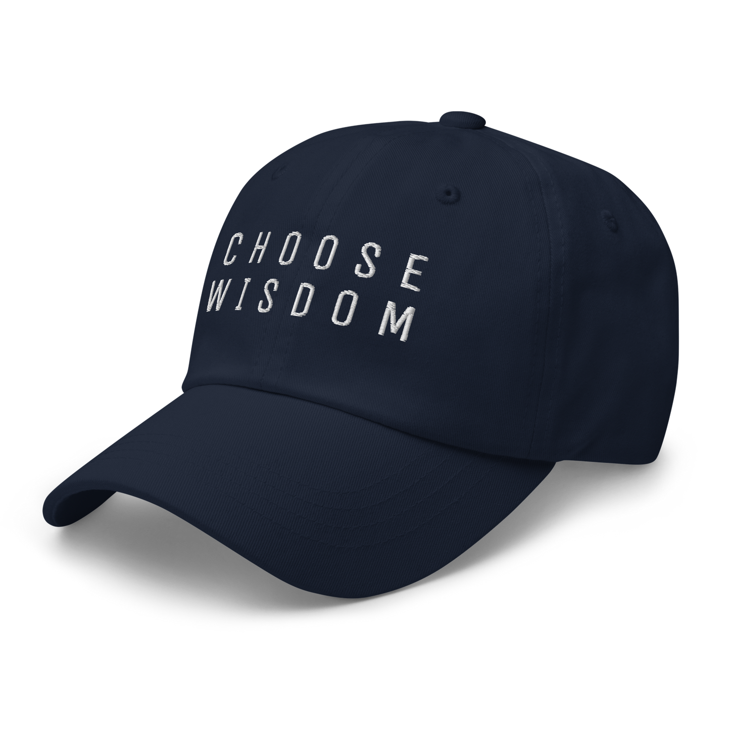 Navy blue baseball cap with "Choose Wisdom" embroidered in white text