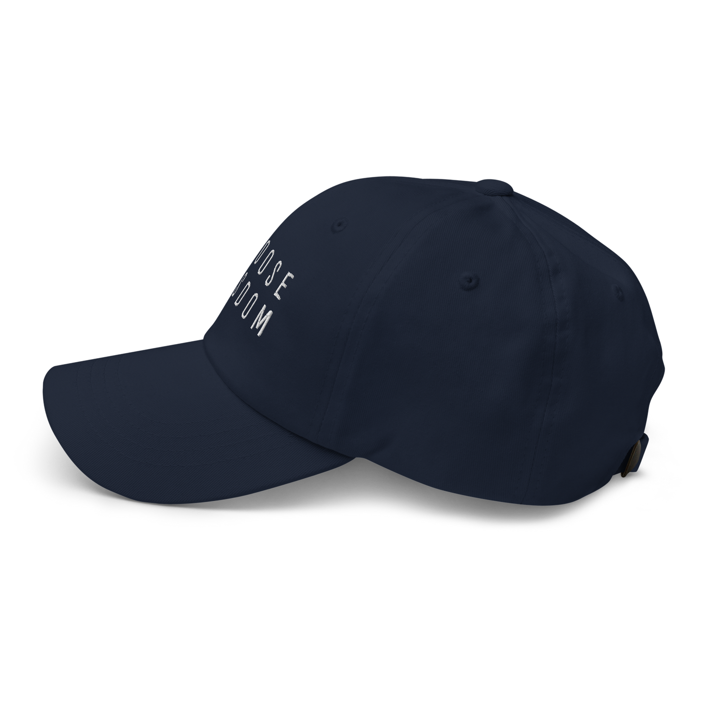 Navy blue adjustable baseball cap with curved brim and text embroidery