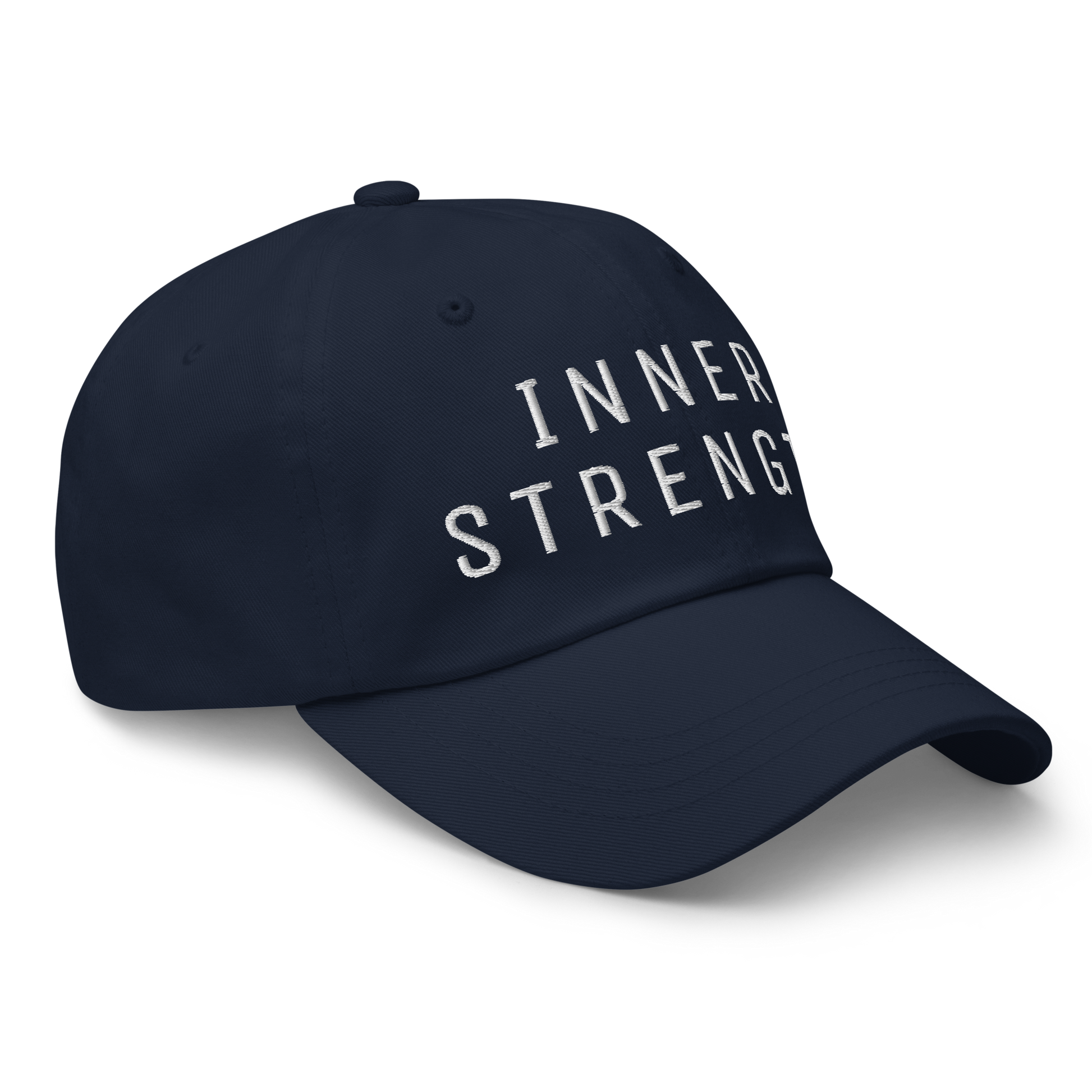 Navy blue baseball cap with "Inner Strength" white embroidered text