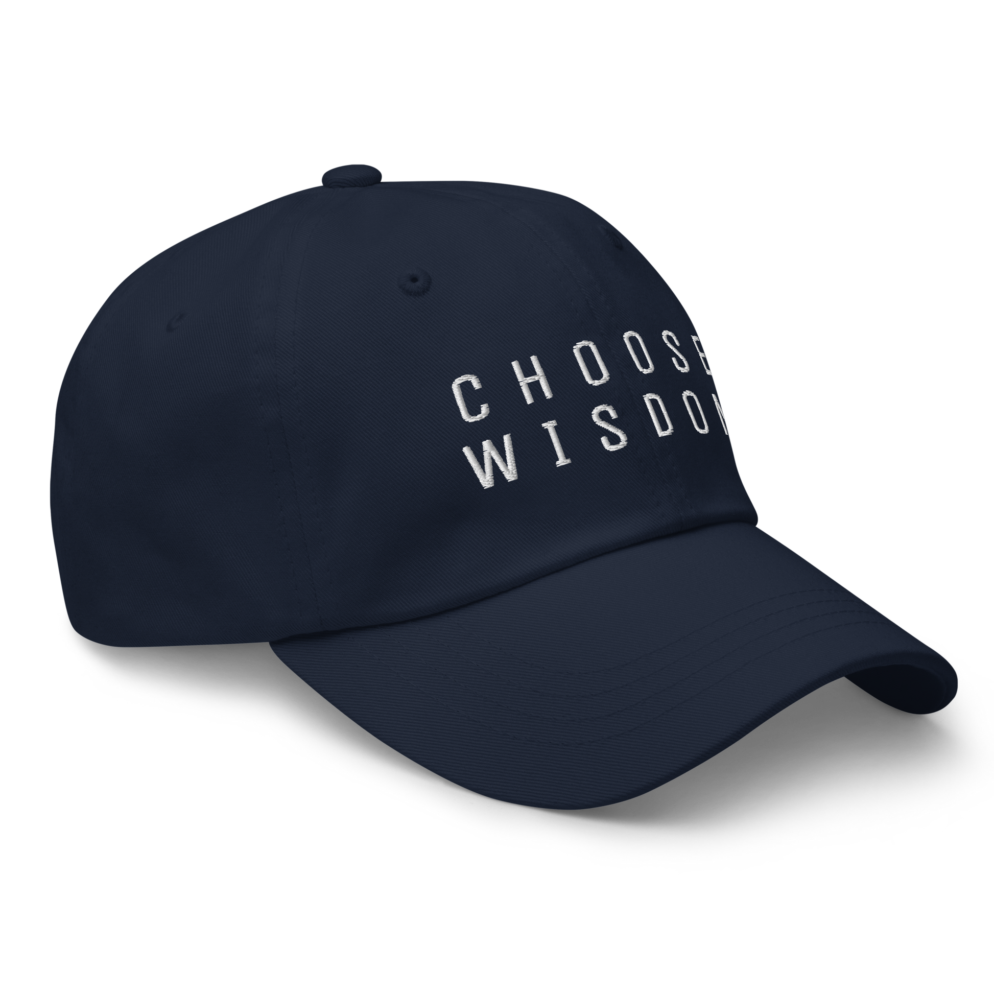 Navy blue baseball cap with "Choose Wisdom" embroidered in white text on the front