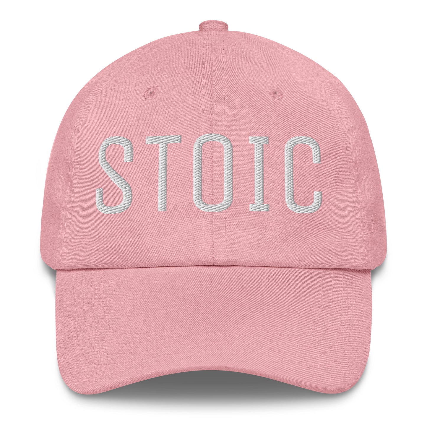 Pink embroidered dad hat with "STOIC" text in white stitching