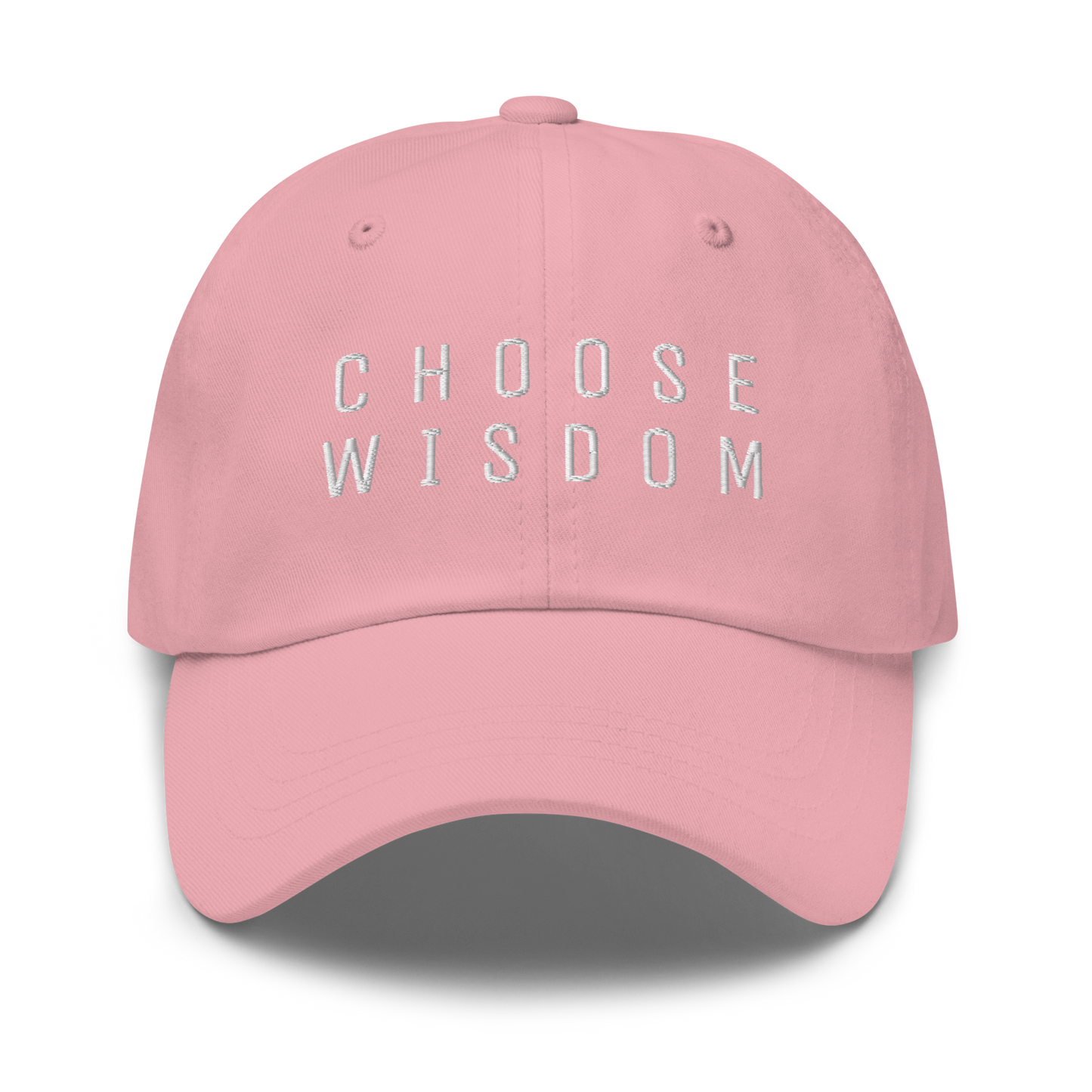 Pink baseball cap with "Choose Wisdom" embroidered in white text on the front