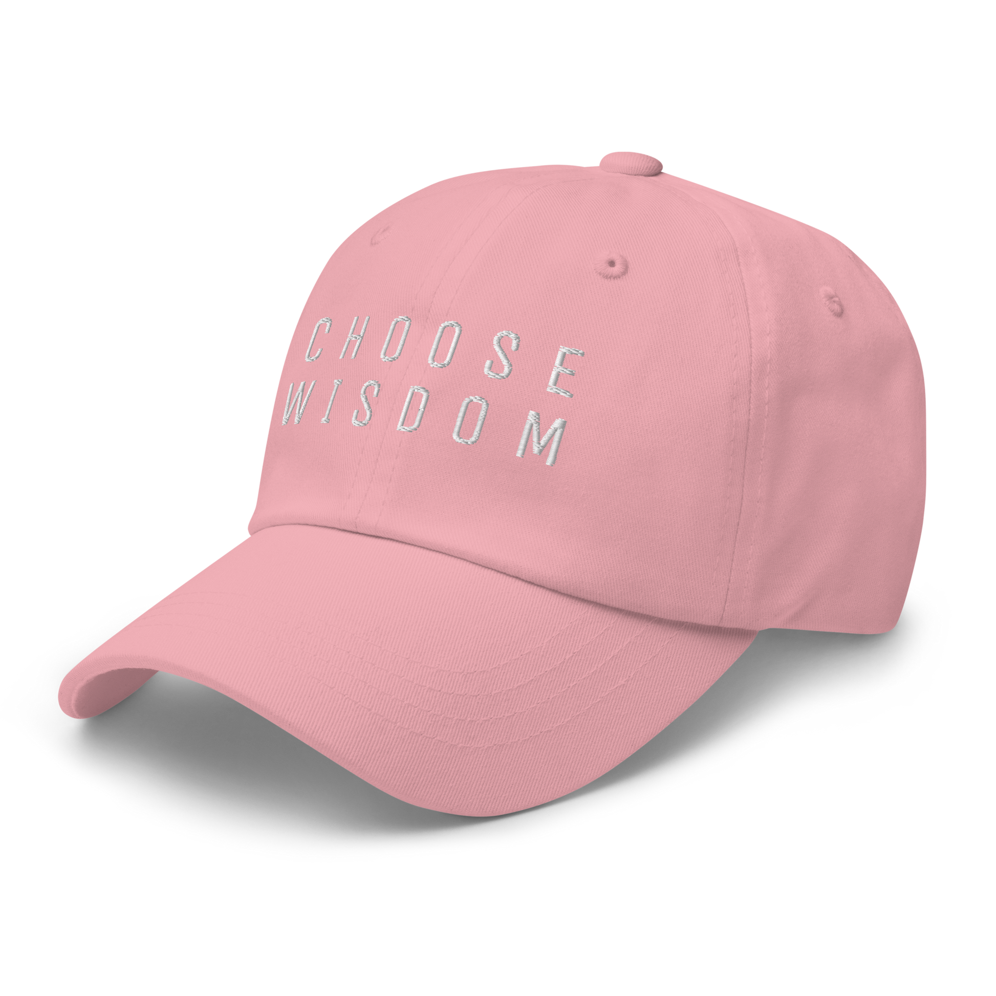 Pink baseball cap with "Choose Wisdom" embroidered in white on the front.