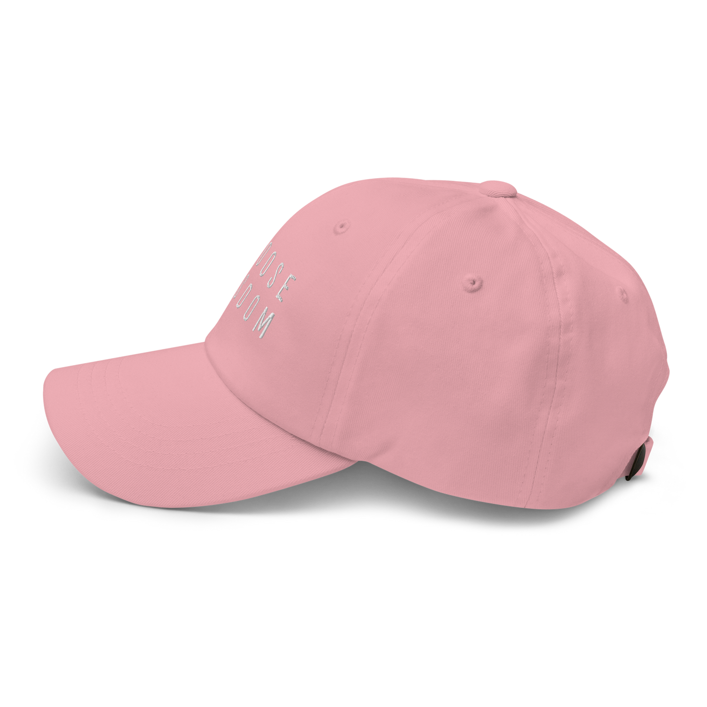 Pink adjustable baseball cap with white “Choose Room” embroidered text.