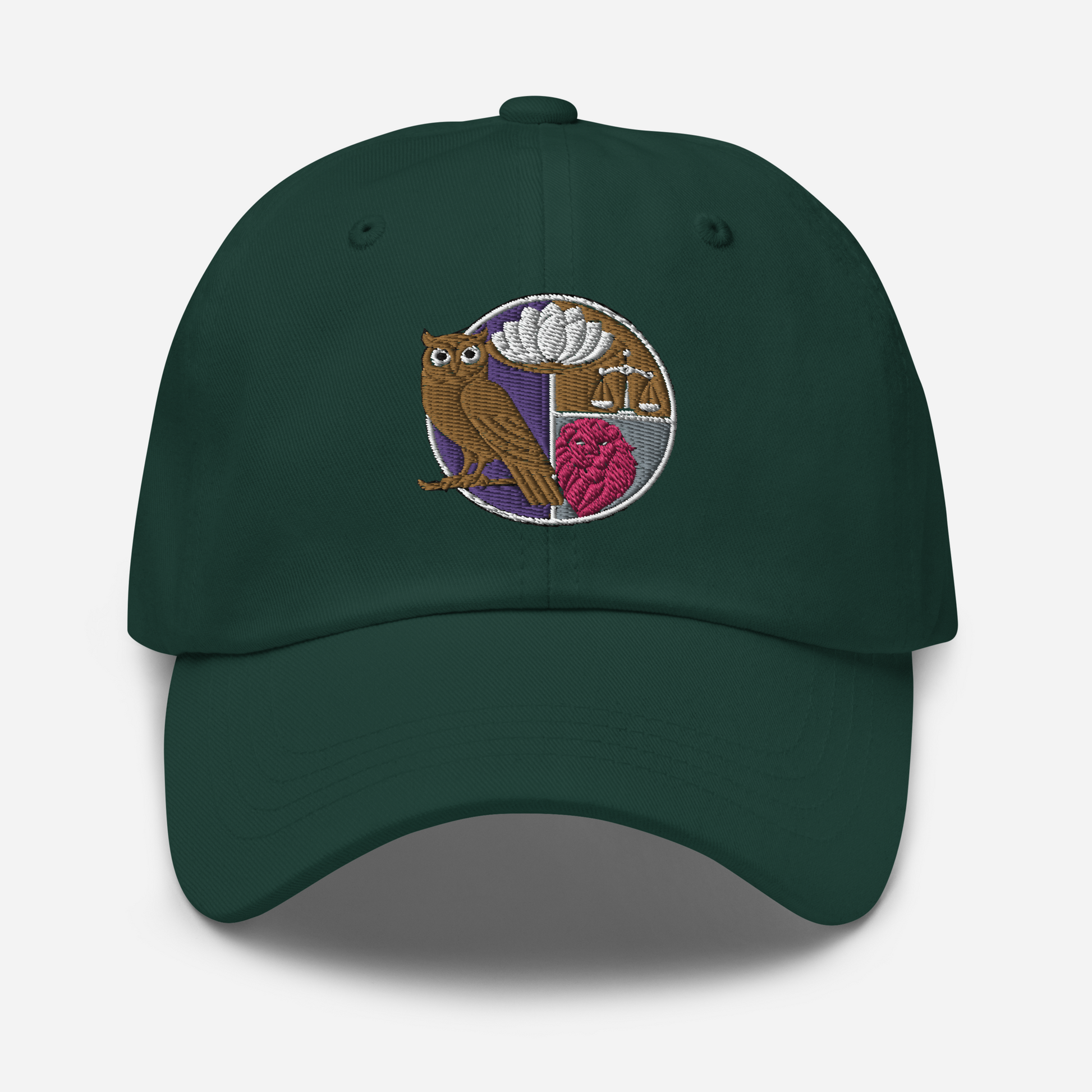 Embroidered dad hat featuring the four Stoic virtues symbolized by an owl, a lotus flower, a heart, and scales on a dark green background. Ideal for philosophy enthusiasts and fans of Stoicism.