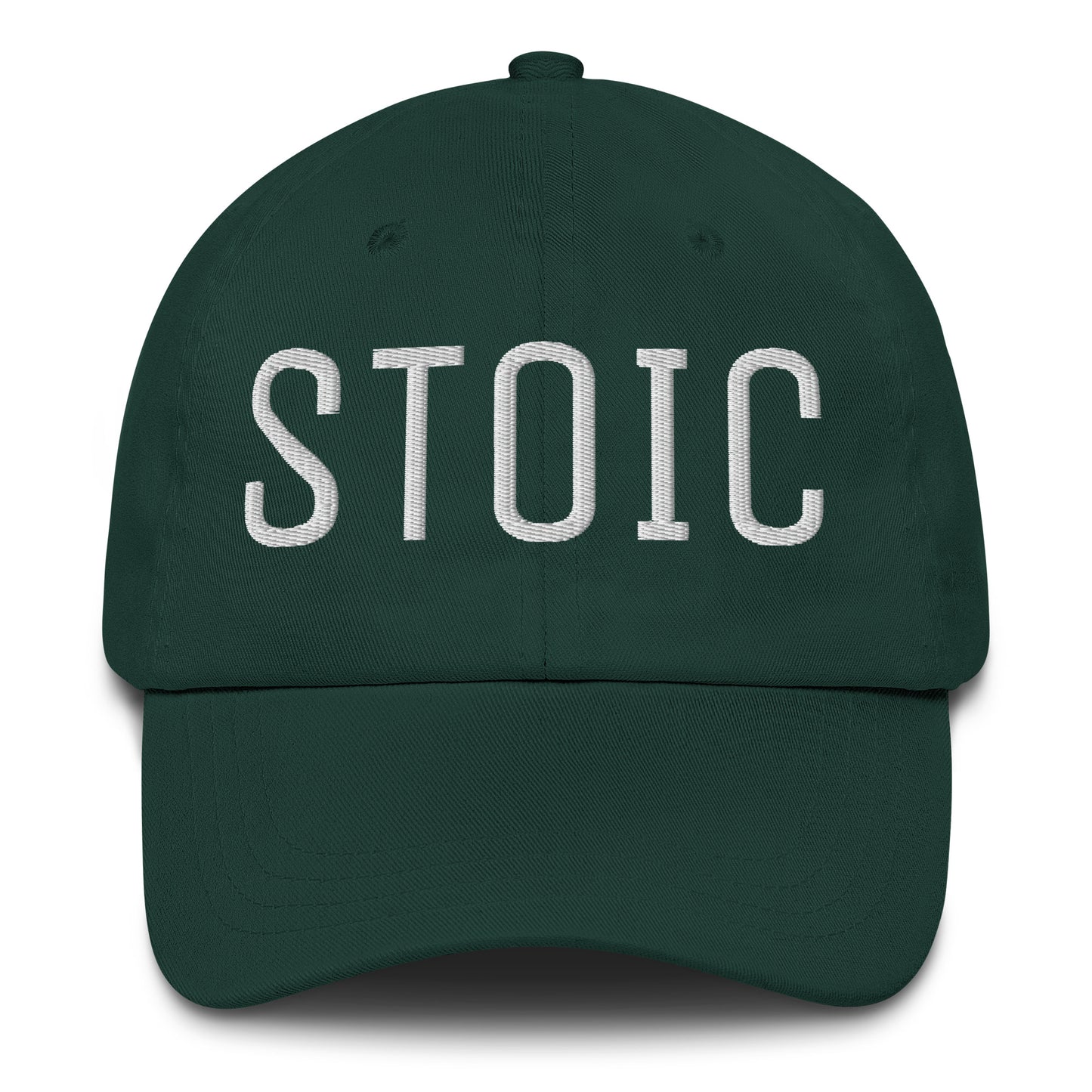 forest green embroidered dad hat with text stoic