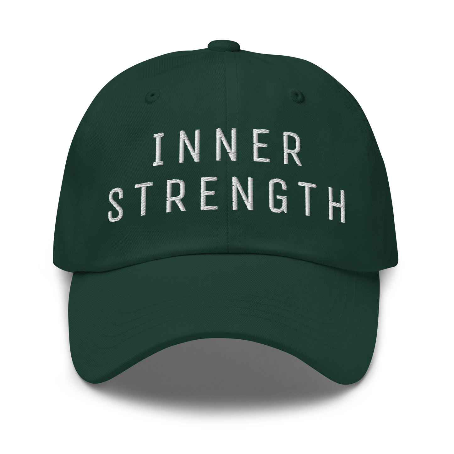 Dark green baseball cap with "Inner Strength" text embroidered in white