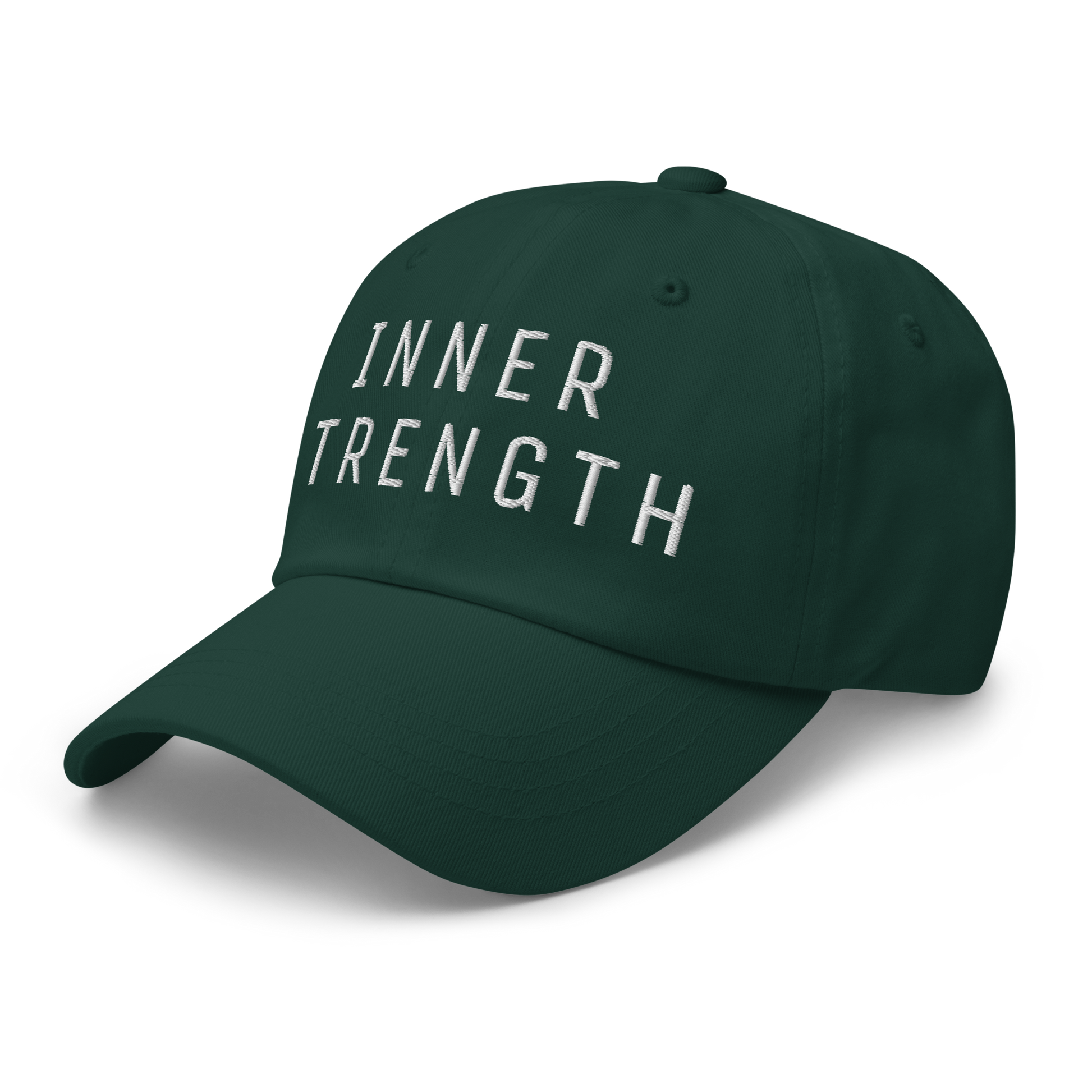 Dark green embroidered dad hat with Inner Strength text in white