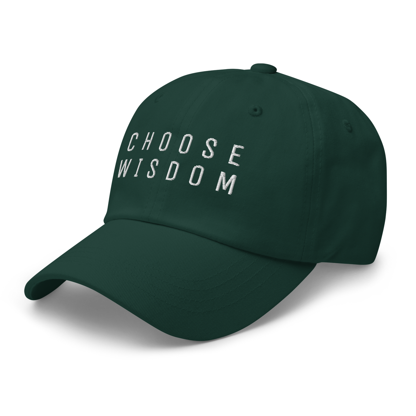 Green baseball cap with "Choose Wisdom" embroidered lettering