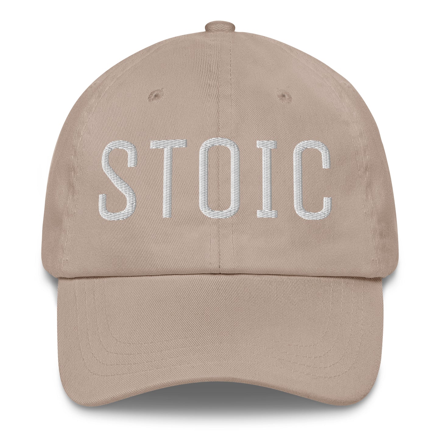 Khaki dad hat with "Stoic" embroidered in white stitching on front