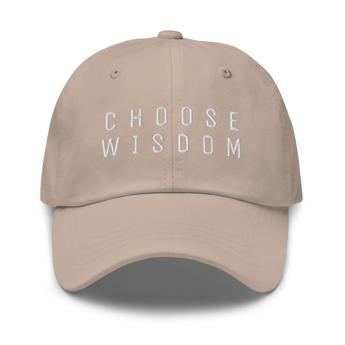 Beige baseball cap with "Choose Wisdom" embroidered in white