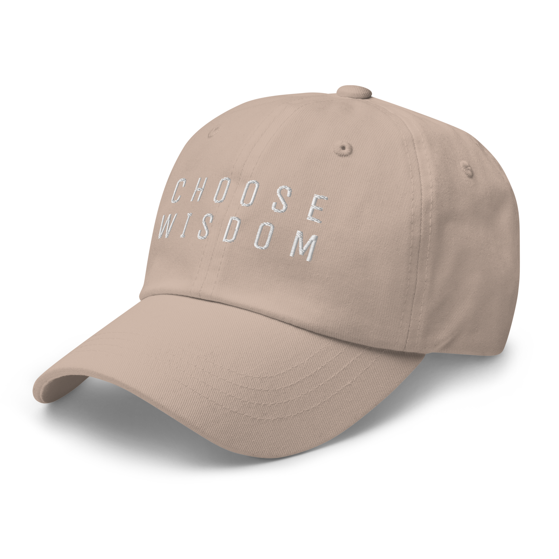 Beige baseball cap with "Choose Wisdom" embroidered text