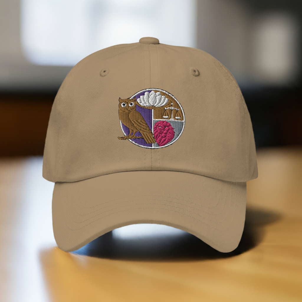 Embroidered dad hat featuring the four Stoic virtues symbolized by an owl, flowers, and scales on a neutral beige background, perfect for Stoicism enthusiasts.