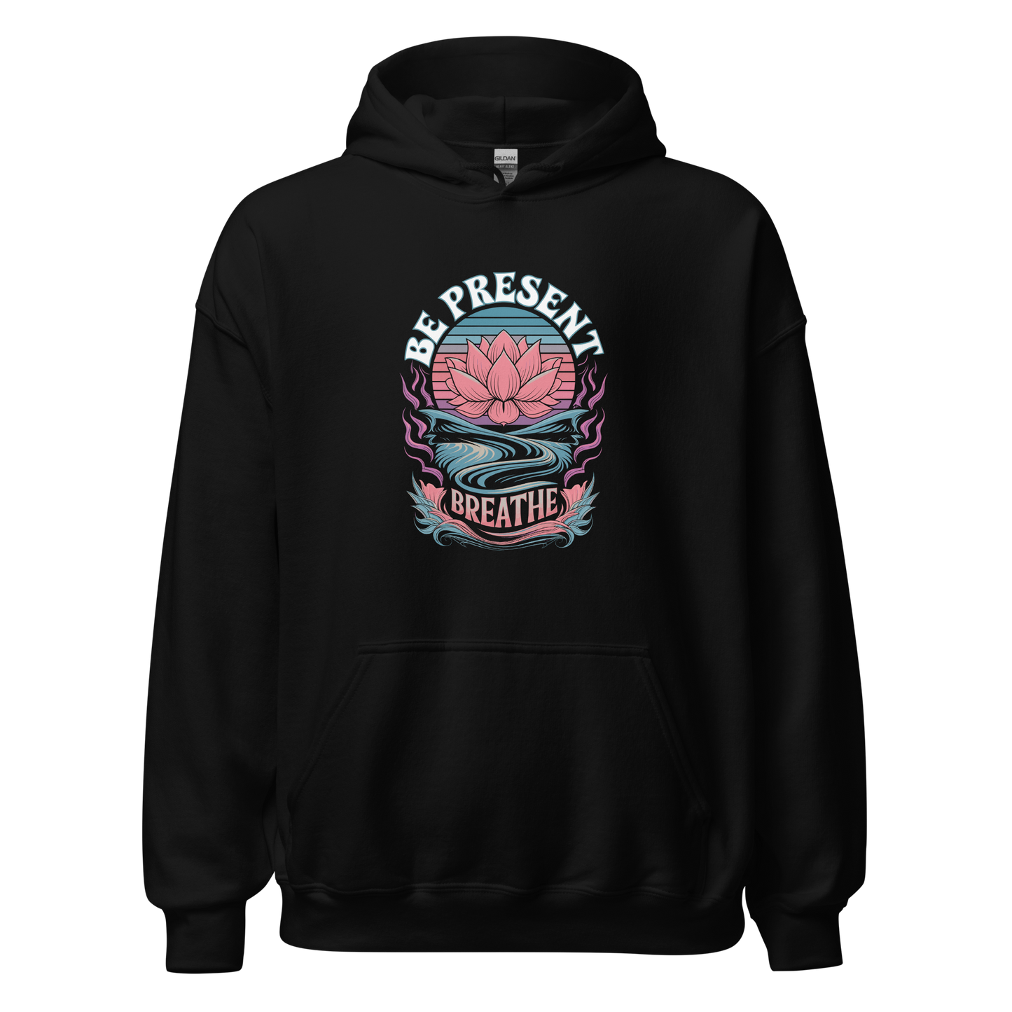 Black hoodie with lotus flower design and "Be Present, Breathe" text