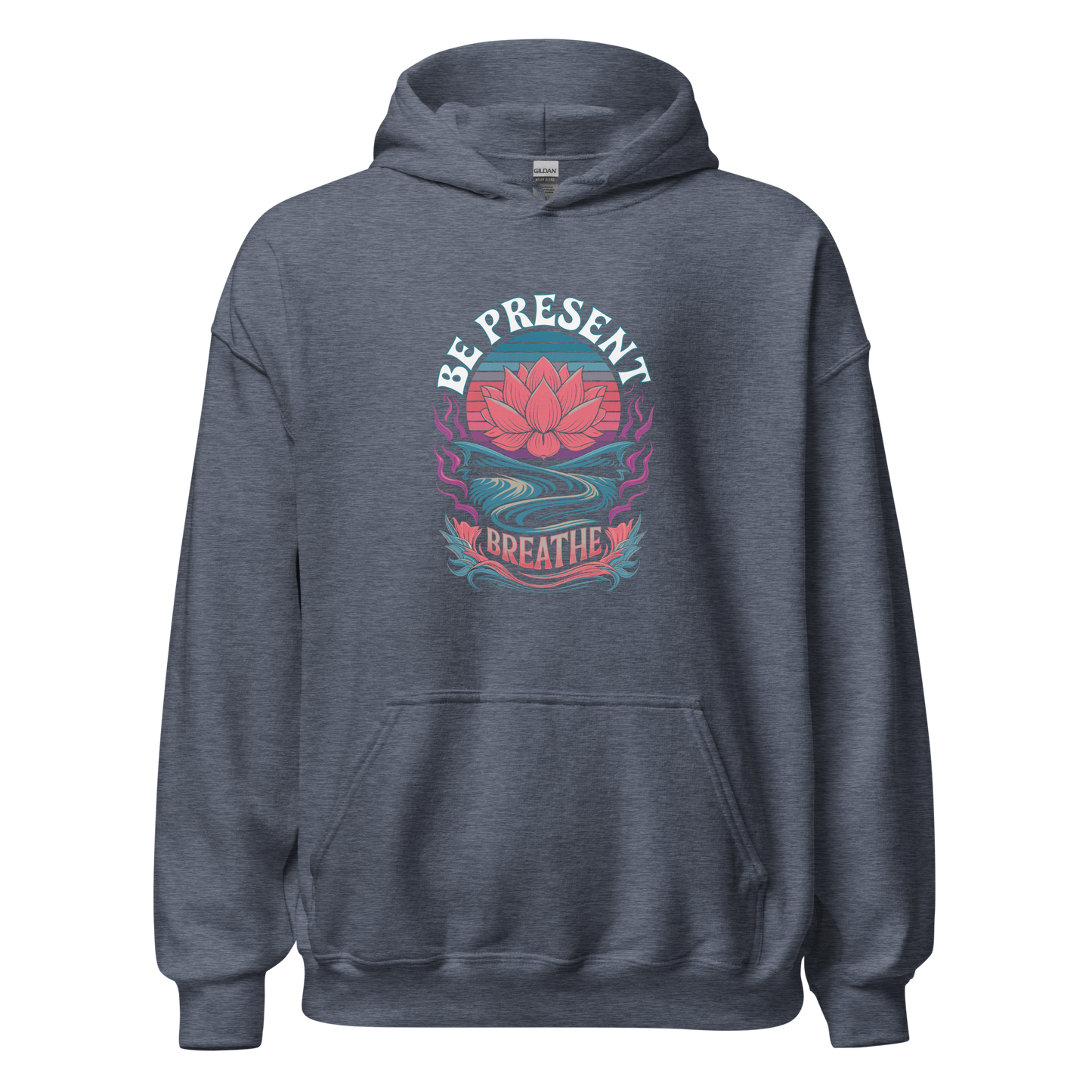 Gray hoodie with "Be Present, Breathe" lotus flower design